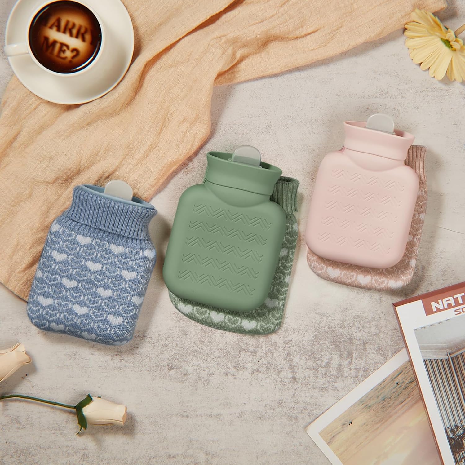 3 Pcs Mini Hot Water Bottle for & Cold Compress with Cover 320ml Silicone Microwave Heating Bottles Small Bag Travel Holiday Gift(Beige, Green, Blue,Heart Print) Beige, Blue Heart Print - Image 4