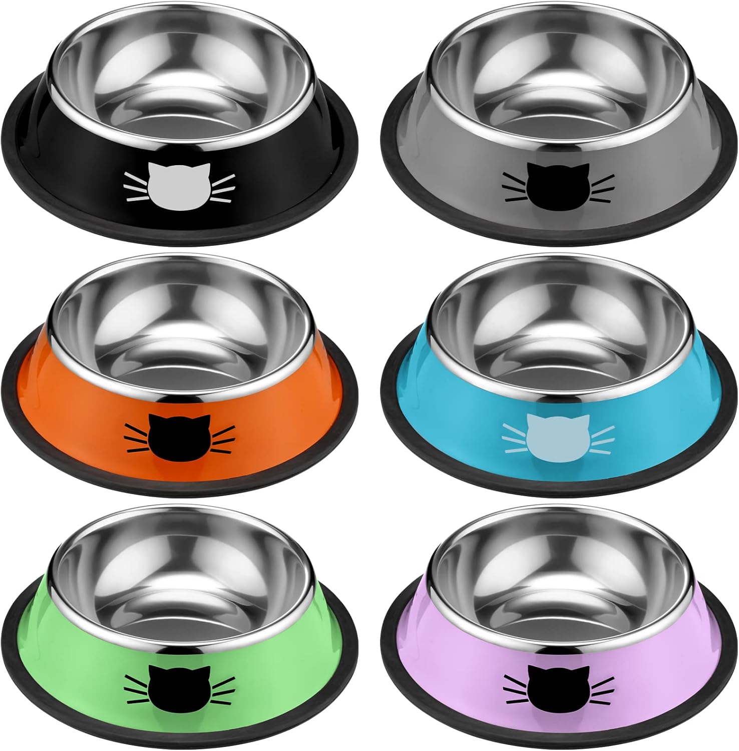 6 Pcs Cat Bowls for Food and Water Dishes Stainless Steel Pet 7 oz Anti Slip Metal Dish with Removable Rubber Base Thick Feeding Indoor Kitten Small Dog(Classic Color) Classic Color - Image 1