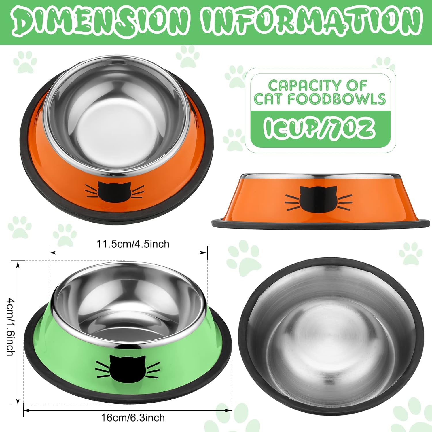 6 Pcs Cat Bowls for Food and Water Dishes Stainless Steel Pet 7 oz Anti Slip Metal Dish with Removable Rubber Base Thick Feeding Indoor Kitten Small Dog(Classic Color) Classic Color - Image 2