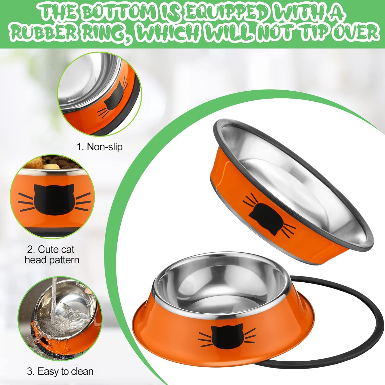 6 Pcs Cat Bowls for Food and Water Dishes Stainless Steel Pet 7 oz Anti Slip Metal Dish with Removable Rubber Base Thick Feeding Indoor Kitten Small Dog(Classic Color) Classic Color - Image 3