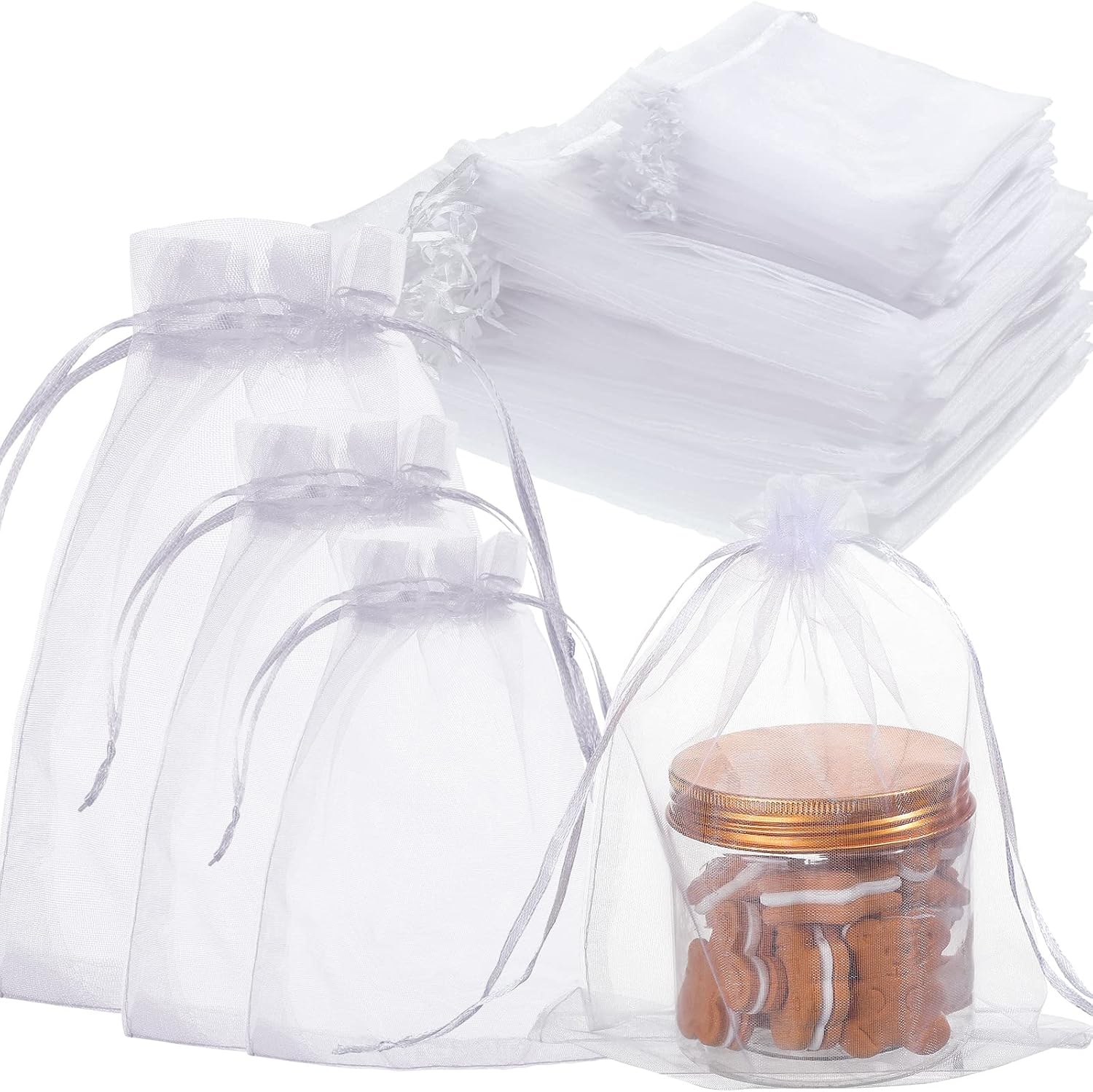 100 Pcs White Organza Bags Bulk Sheer Mesh Gift with Drawstring for Wedding Party Supplies Eid Mubarak Candy Fruit Jewelry(4 x 6 In, 7 9 8 12 In)  4 In - Image 1
