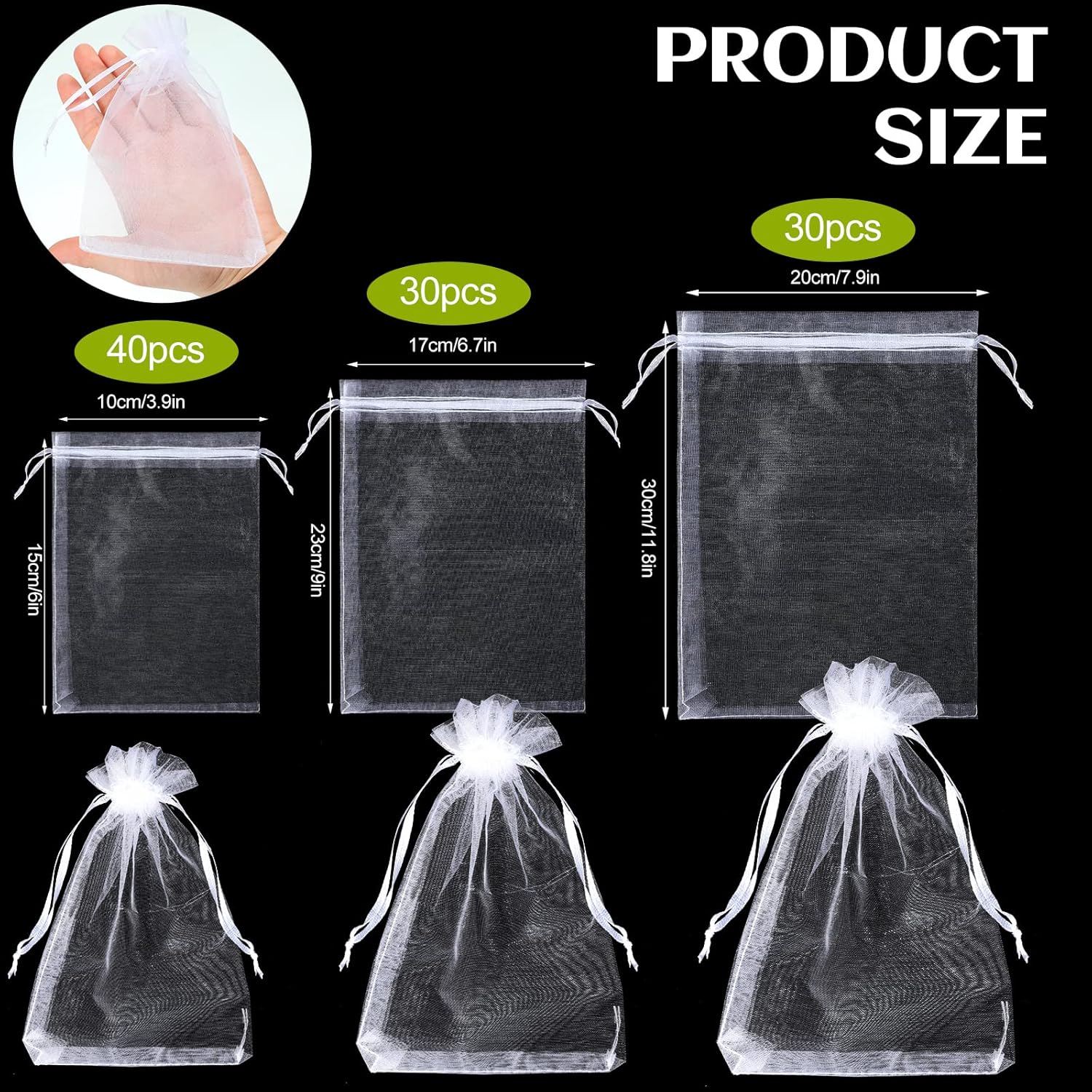 100 Pcs White Organza Bags Bulk Sheer Mesh Gift with Drawstring for Wedding Party Supplies Eid Mubarak Candy Fruit Jewelry(4 x 6 In, 7 9 8 12 In)  4 In - Image 3