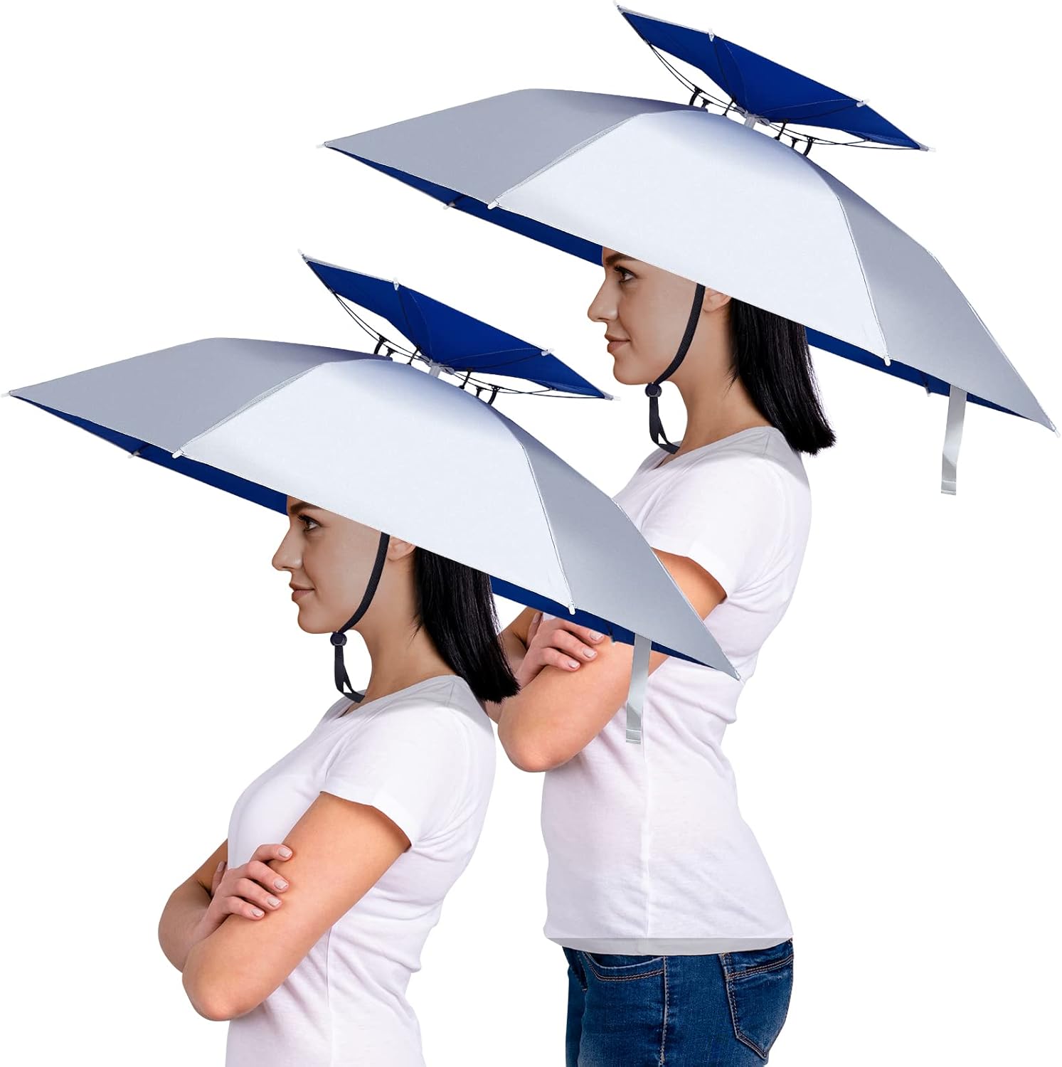 2 Pcs 37'' Diameter Large Umbrella Hat for Adults Double Layer Folding Compact UV Rain Protection Cap - Image 1
