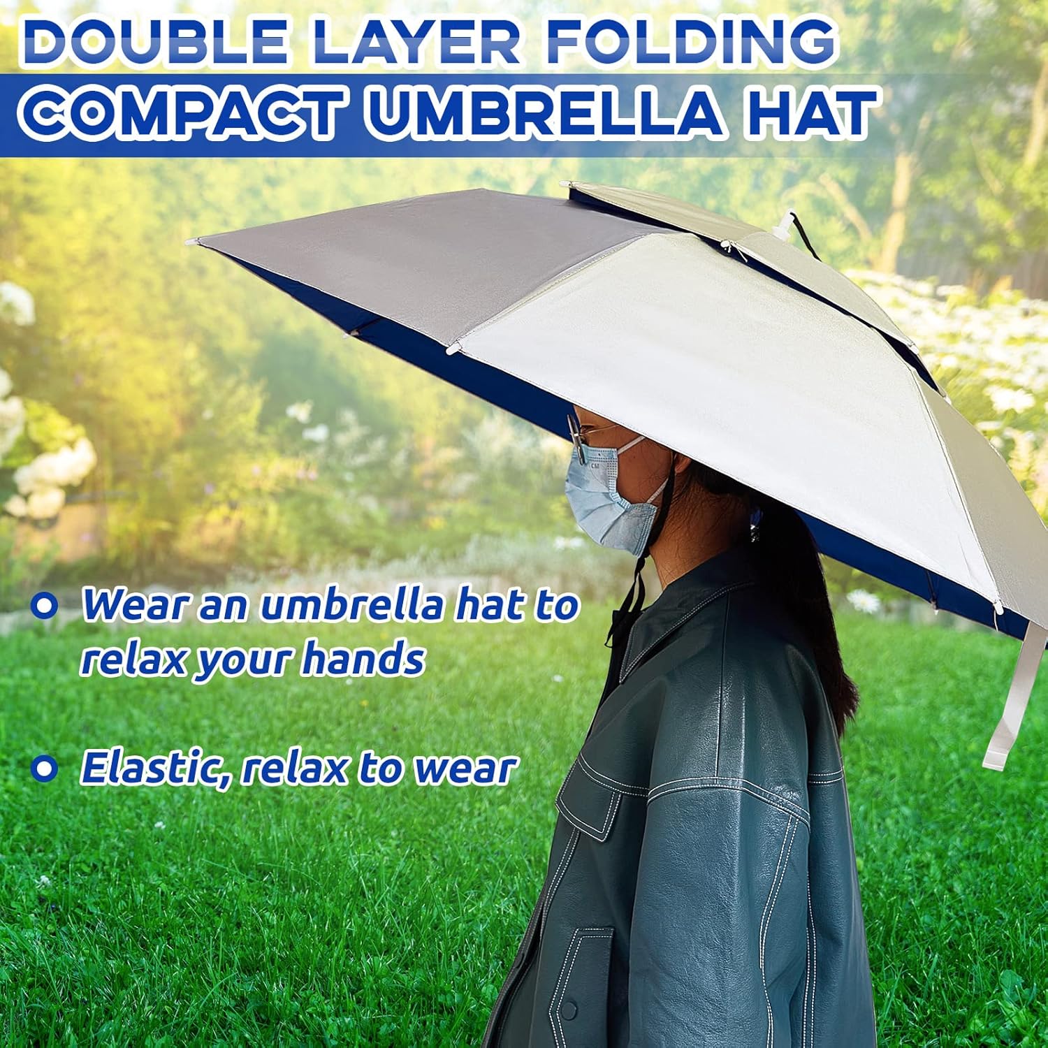 2 Pcs 37'' Diameter Large Umbrella Hat for Adults Double Layer Folding Compact UV Rain Protection Cap - Image 7