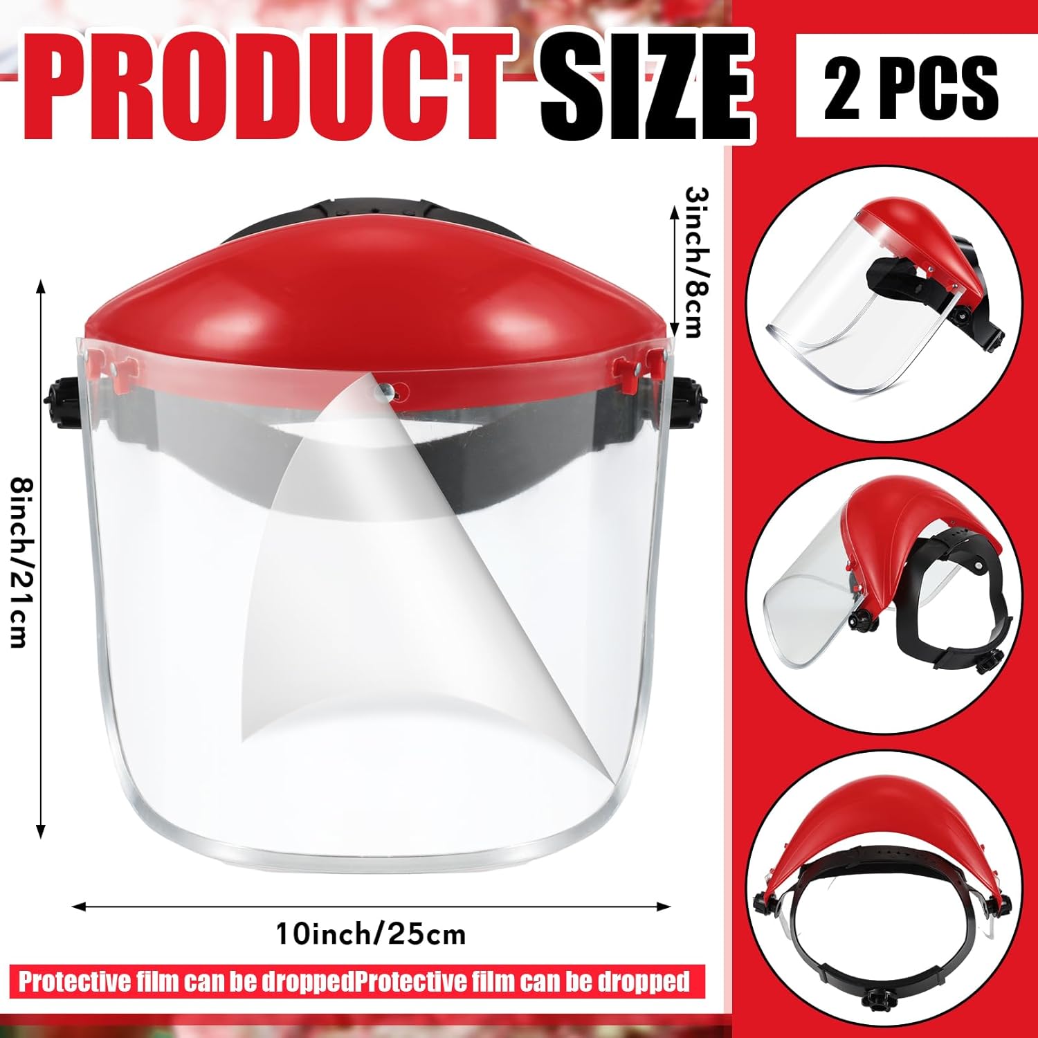 2 Pcs Safety Face Shield Mask Full Impact Clear with Crown for Grinding Cutting Weed Moving Construction (Red,Clear) Red, - Image 2