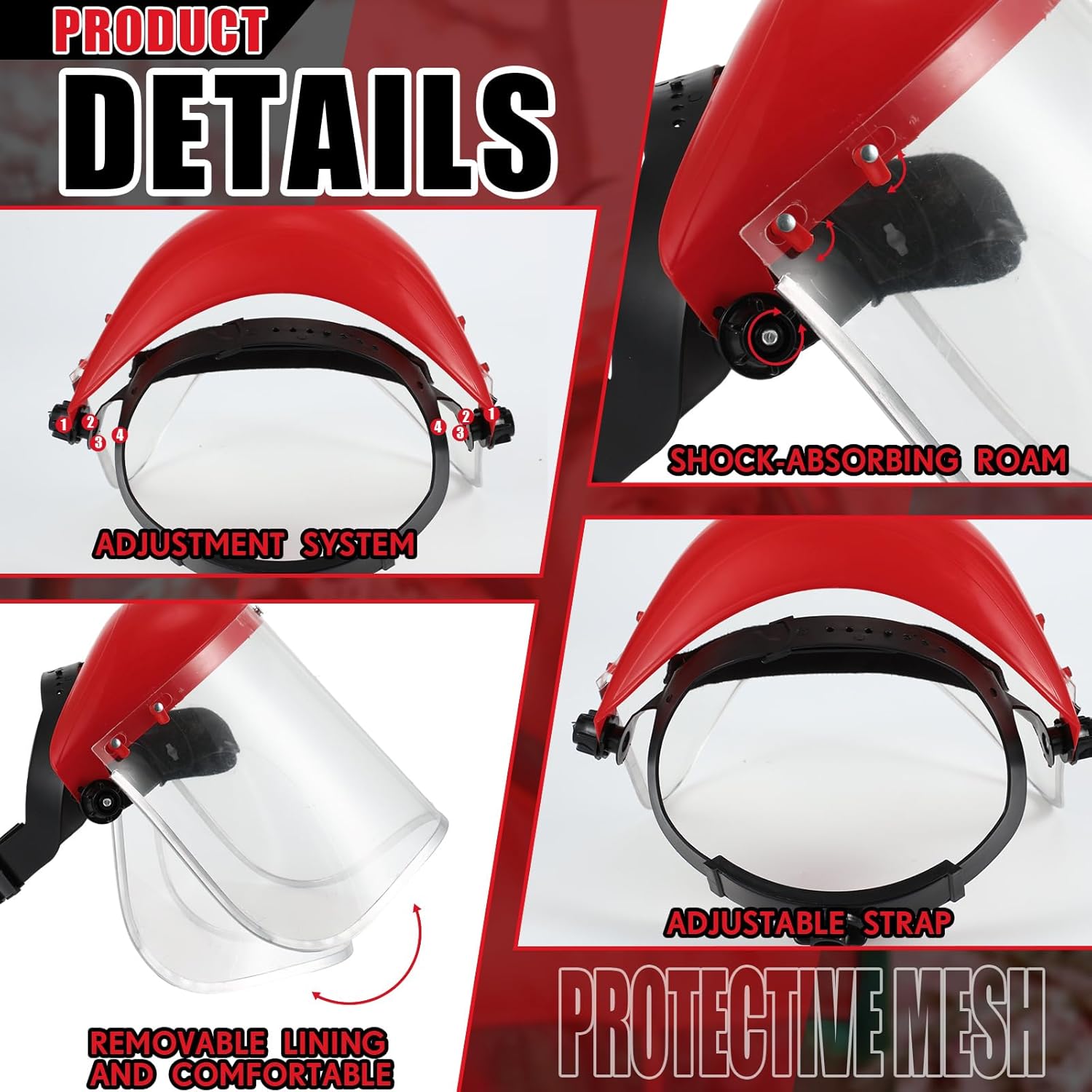 2 Pcs Safety Face Shield Mask Full Impact Clear with Crown for Grinding Cutting Weed Moving Construction (Red,Clear) Red, - Image 4