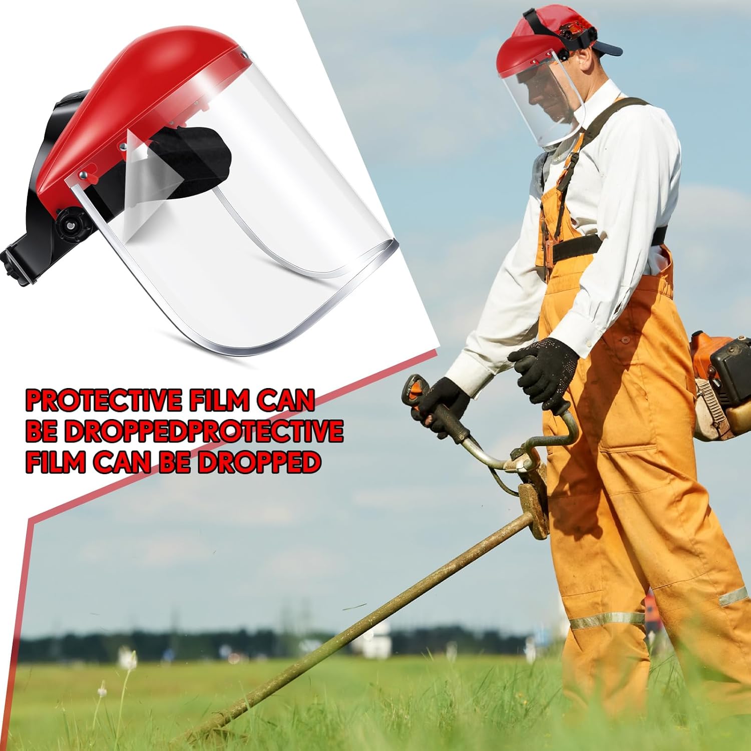 2 Pcs Safety Face Shield Mask Full Impact Clear with Crown for Grinding Cutting Weed Moving Construction (Red,Clear) Red, - Image 5