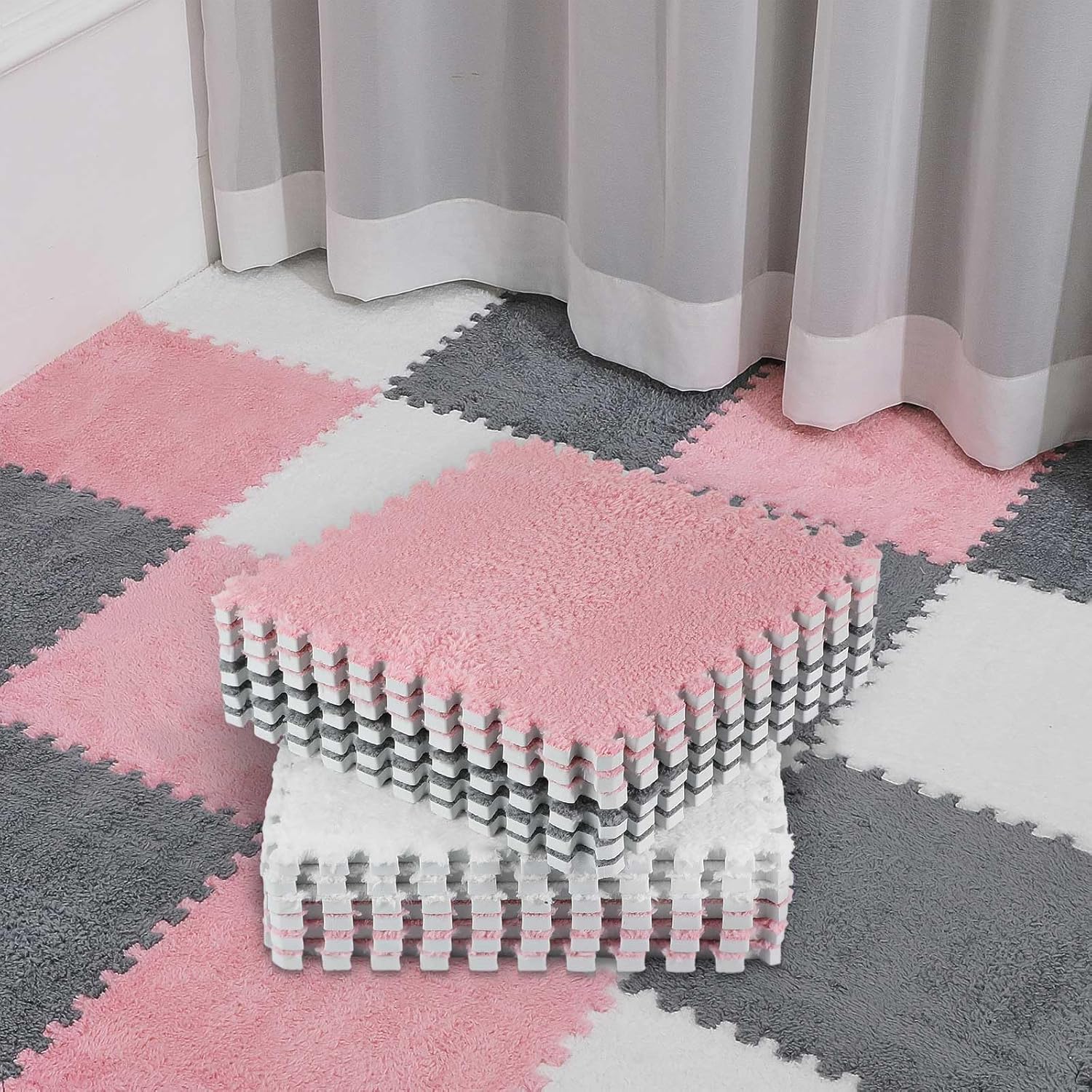 72 Pieces Plush Foam Floor Mat Square Interlocking Carpet Tiles with Border 12 x 0.4 in Fluffy Play Soft Climbing Area Rugs for Home Playroom(White, Gray, Pink) White, Pink - Image 1