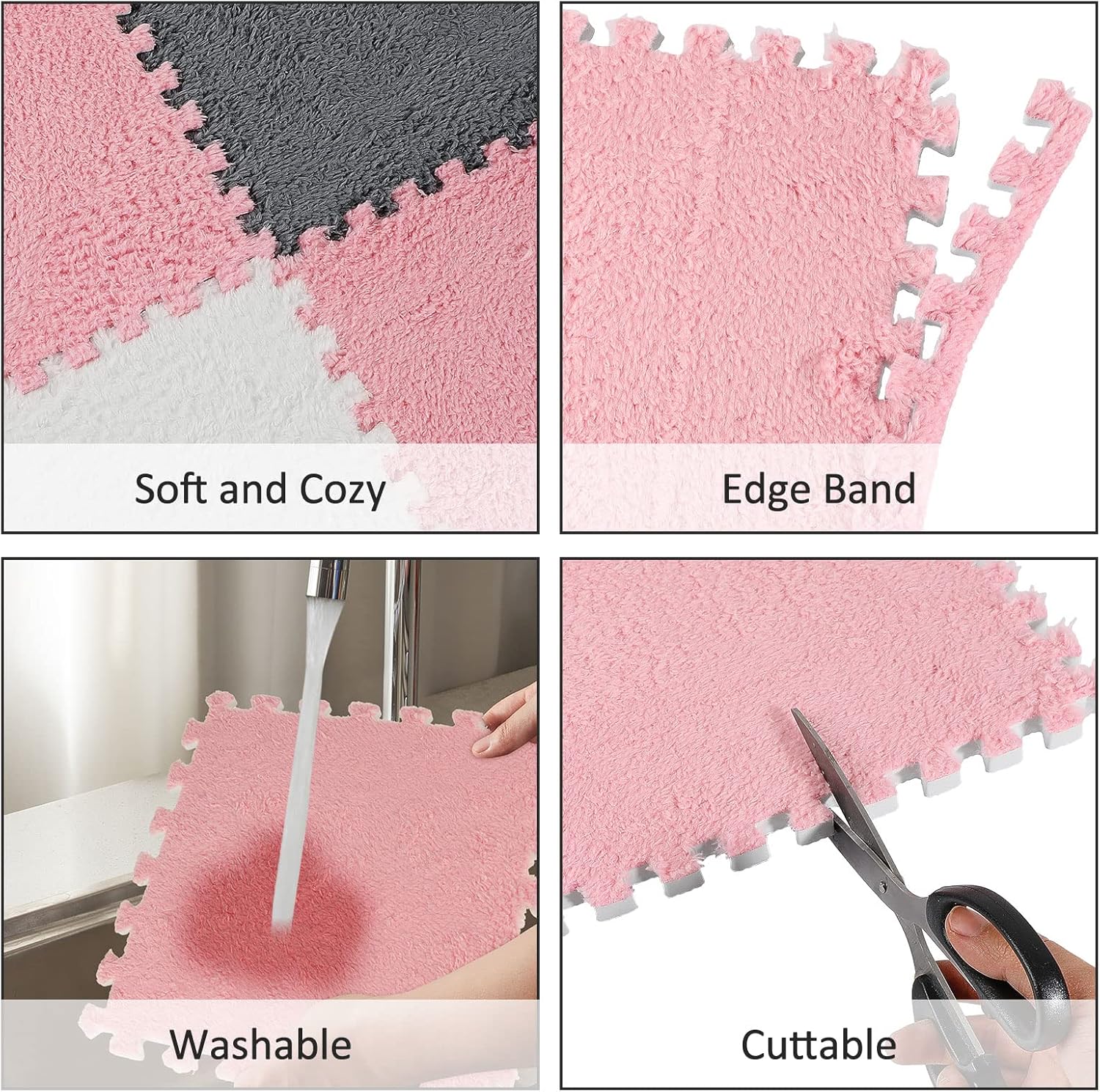 72 Pieces Plush Foam Floor Mat Square Interlocking Carpet Tiles with Border 12 x 0.4 in Fluffy Play Soft Climbing Area Rugs for Home Playroom(White, Gray, Pink) White, Pink - Image 3