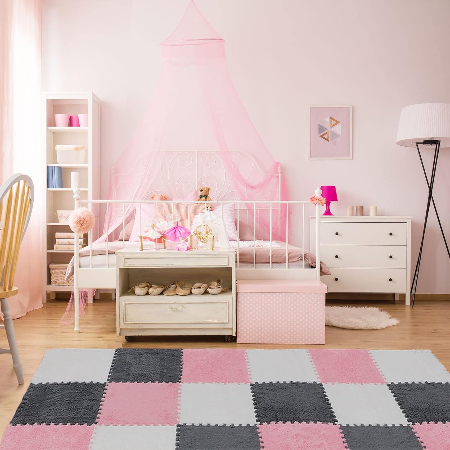 72 Pieces Plush Foam Floor Mat Square Interlocking Carpet Tiles with Border 12 x 0.4 in Fluffy Play Soft Climbing Area Rugs for Home Playroom(White, Gray, Pink) White, Pink - Image 4