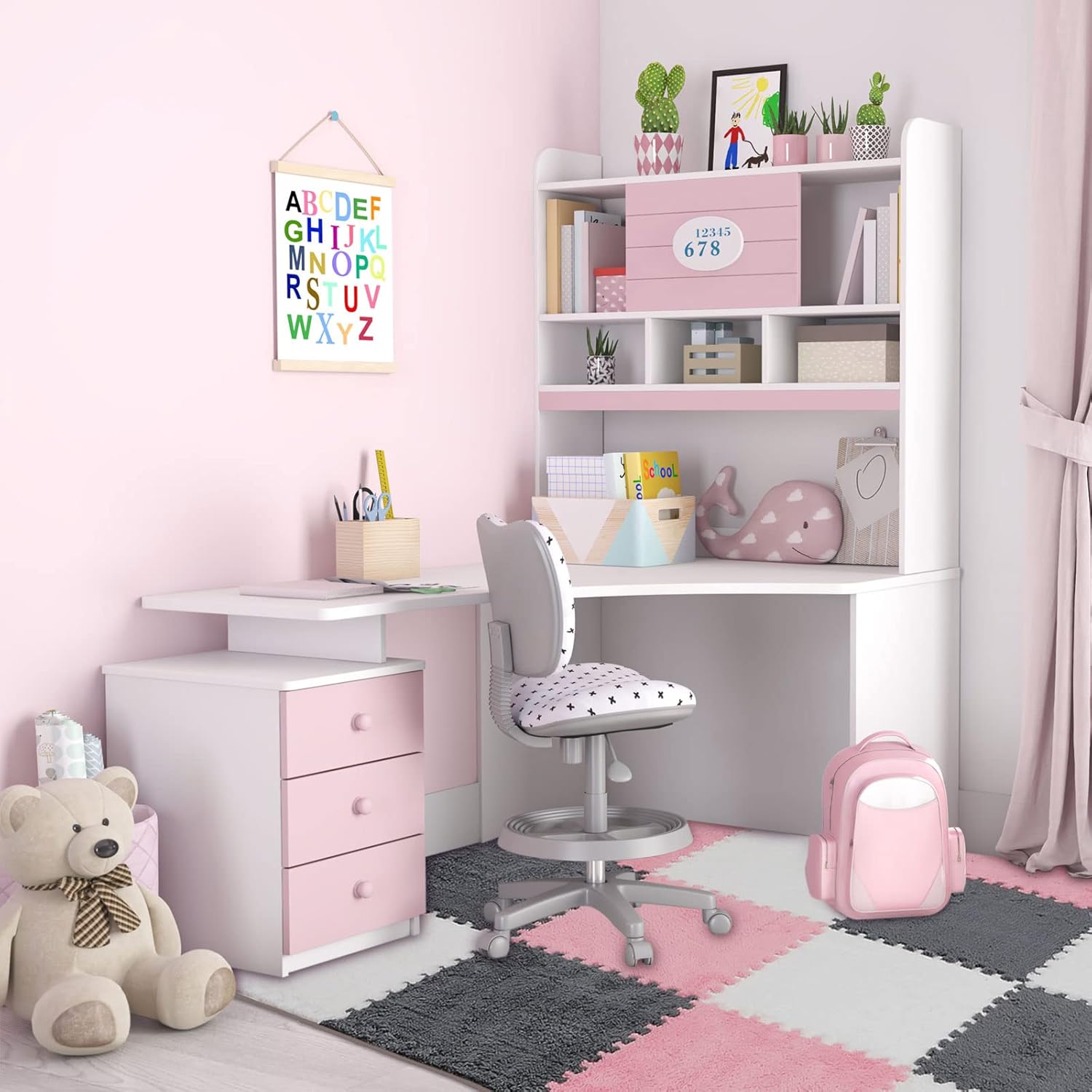 72 Pieces Plush Foam Floor Mat Square Interlocking Carpet Tiles with Border 12 x 0.4 in Fluffy Play Soft Climbing Area Rugs for Home Playroom(White, Gray, Pink) White, Pink - Image 6