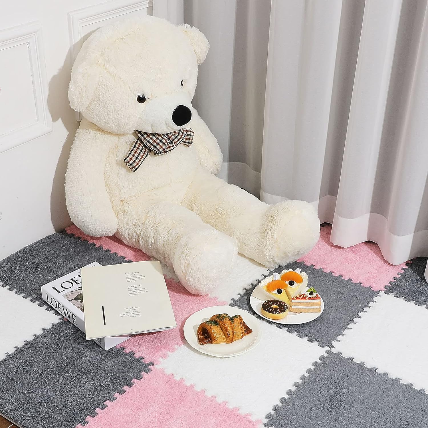 72 Pieces Plush Foam Floor Mat Square Interlocking Carpet Tiles with Border 12 x 0.4 in Fluffy Play Soft Climbing Area Rugs for Home Playroom(White, Gray, Pink) White, Pink - Image 7