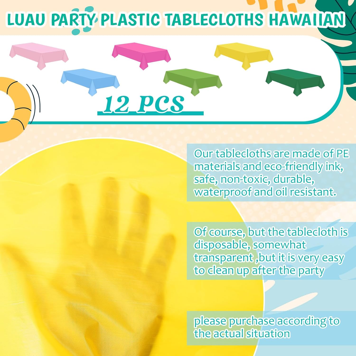 12 Pcs Hawaiian Plastic Tablecloths 54 x 108 Inch Disposable Rectangle Waterproof Table Cover for Birthday Wedding Anniversary Fine Dining Luau Summer Party Decoration Supplies Hawaii - Image 3