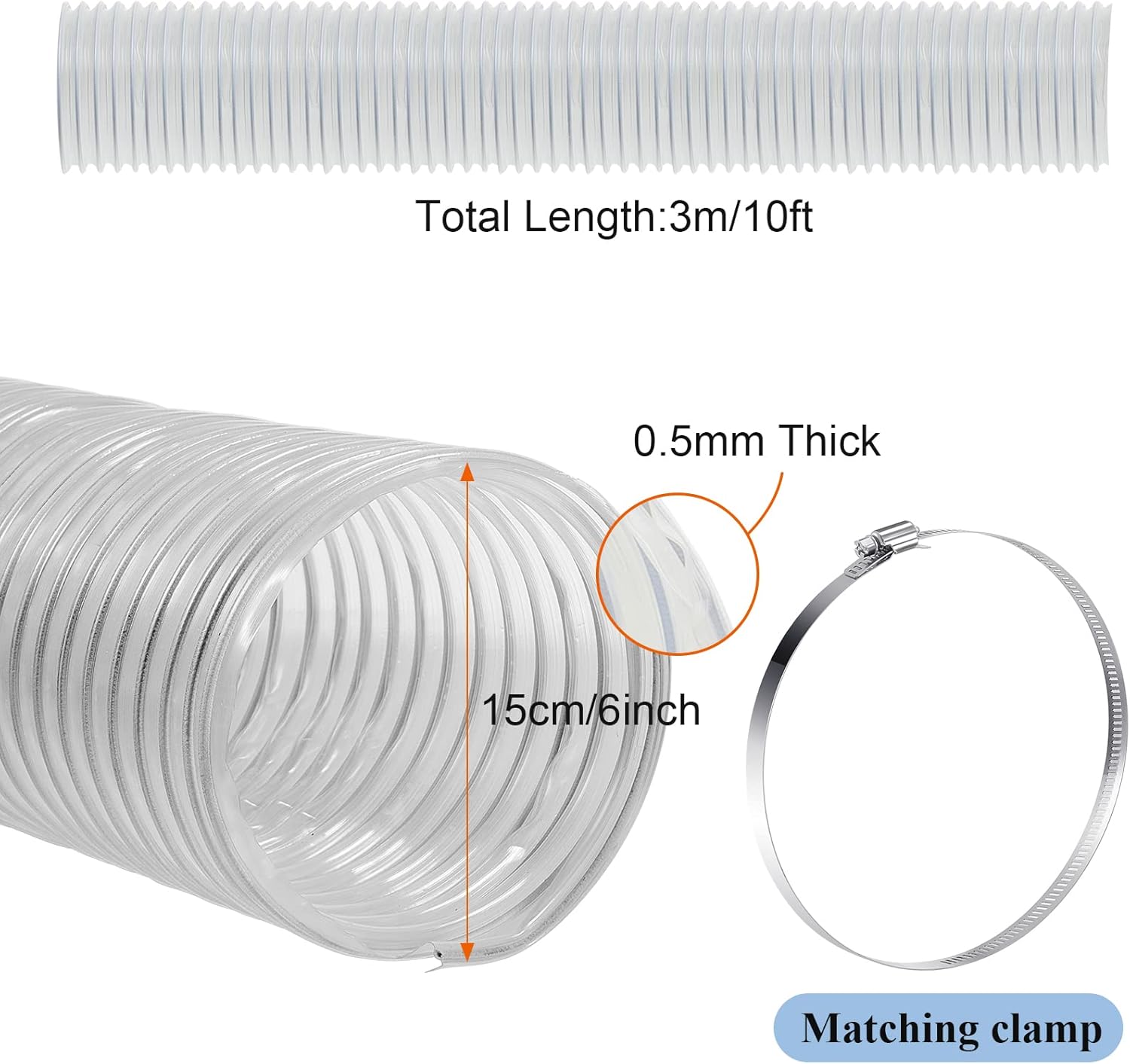 6 Inch, 10 ft Heavy PVC Dust Collection Hose, Flexible Clear Fume Hose with Stainless Steel Wire Coil and Clamp, Puncture Resistant Vacuum Fittings Collector Accessories - Image 2