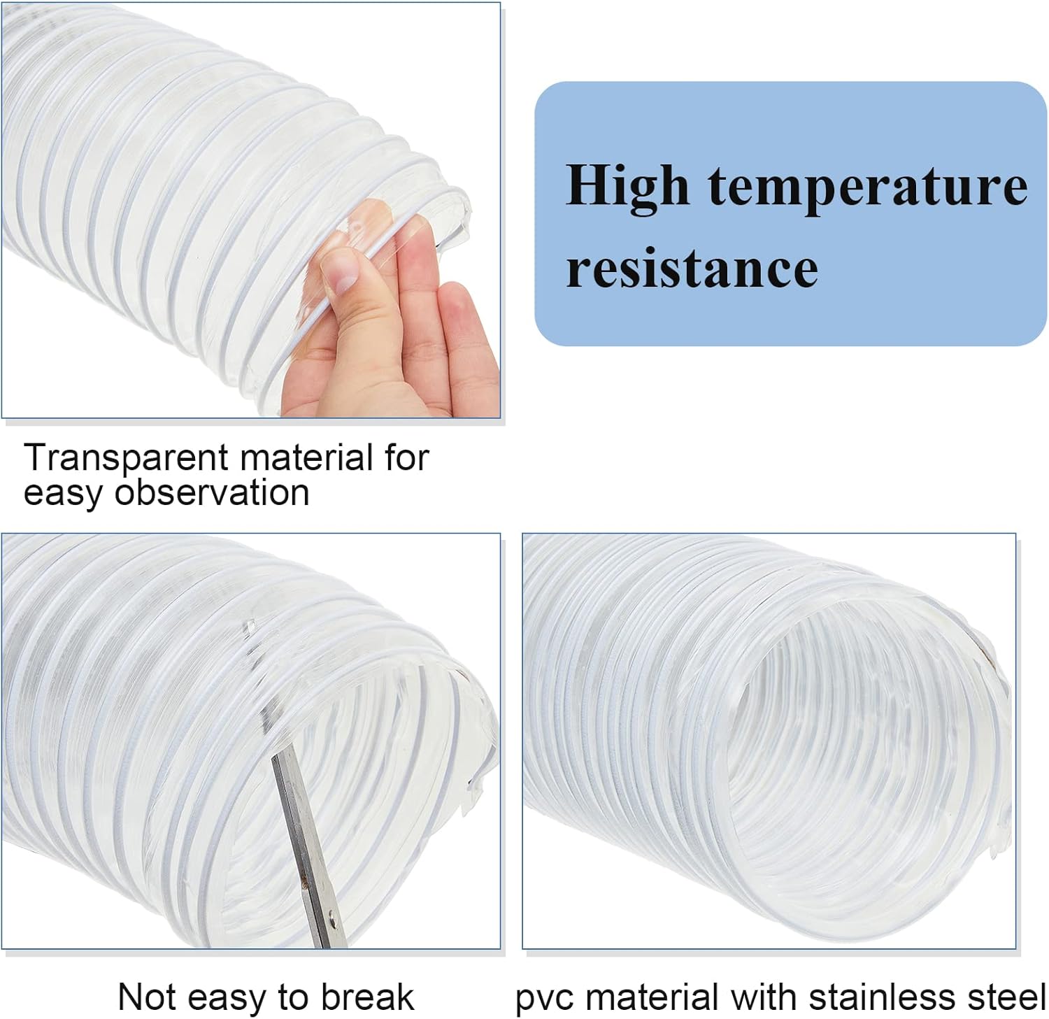 6 Inch, 10 ft Heavy PVC Dust Collection Hose, Flexible Clear Fume Hose with Stainless Steel Wire Coil and Clamp, Puncture Resistant Vacuum Fittings Collector Accessories - Image 5