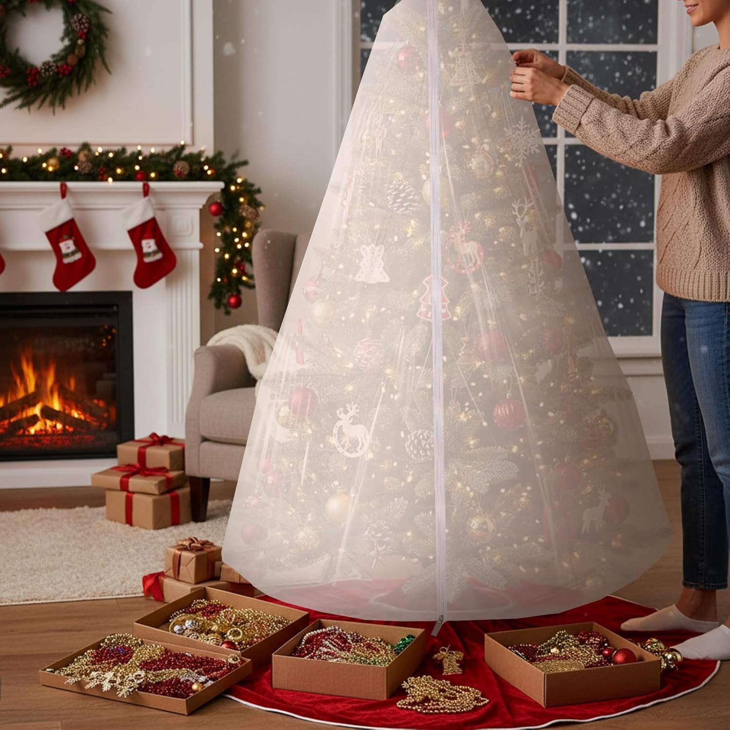 9.84 ft Upright Christmas Tree Storage Bag White Extra Large Jumbo Removal Disposal with Zipper Drawstring Waterproof Tear Proof Cover for Xmas Daily Home - Image 4