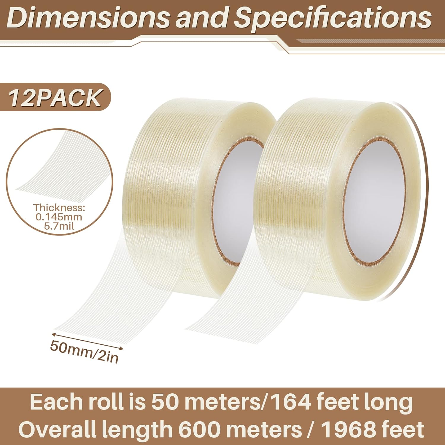 12 Rolls Filament Strapping Tape 5.7 Mil Heavy Duty Transparent Reinforced Fiberglass for Packaging Sealing Binding Fixing Supplies(2 Inch x 55 Yard)  2 Yard - Image 2