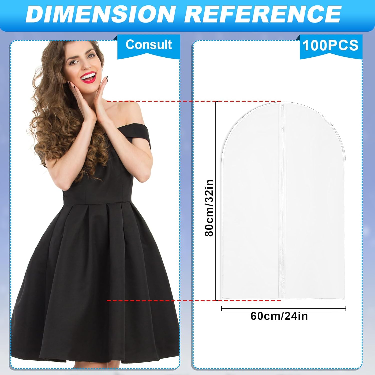 100 Pcs 24'' x 32'' Clear Garment Bags Full Zipper Suit Lightweight Clothes Cover for Hanging PEVA Protectors Breathable Dust Plastic - Image 2