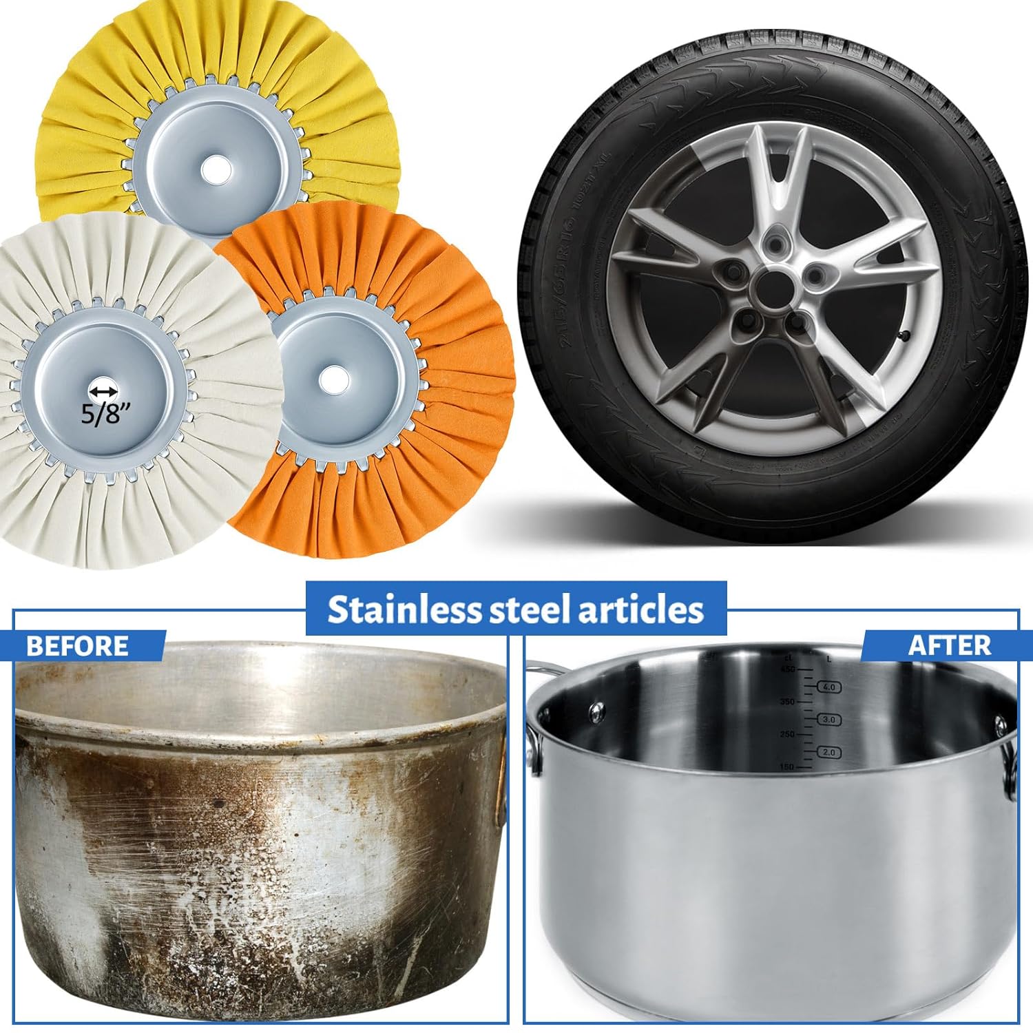 8 Inch Airway Buffing Wheels Aluminum Wheel Polishing Kit in Diameter 5/8 Arbor Hole, Compound and Metal Polish for Angle Grinder(Vivid Color,8 Pcs) Vivid Color - Image 6