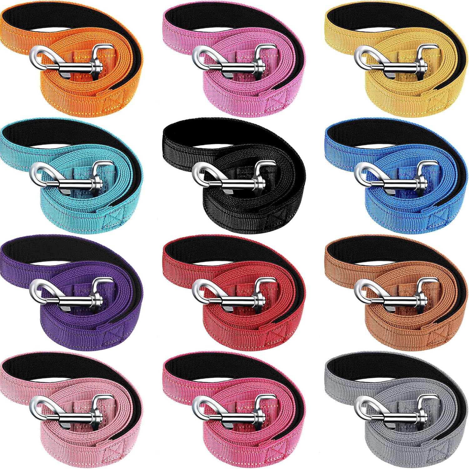 12 Pack Dog Leash Bulk, Double Sided Reflective, Nylon Leashes with Padded Handle for Small, Medium, and Large Dogs, 5 Feet Long, Puppy Walking Training - Image 1