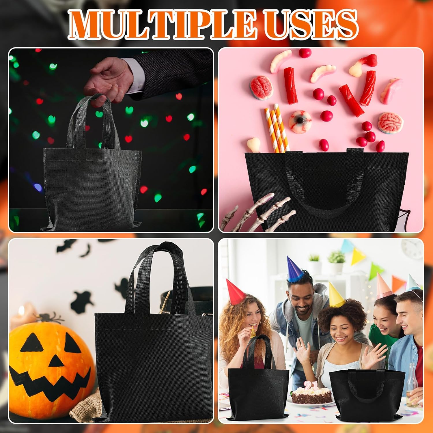 80 Pack Non Woven Party Favor Bag 9.8'' Reusable Tote Bags Bulk with Handles for Birthday Supplies Black - Image 5
