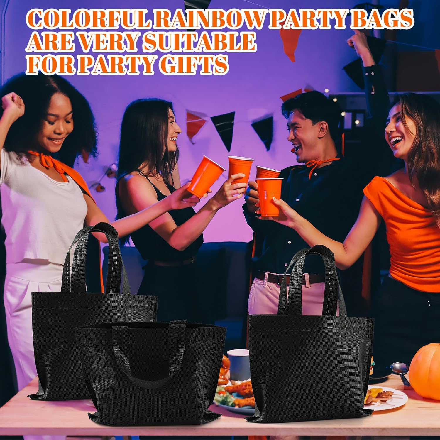 80 Pack Non Woven Party Favor Bag 9.8'' Reusable Tote Bags Bulk with Handles for Birthday Supplies Black - Image 7