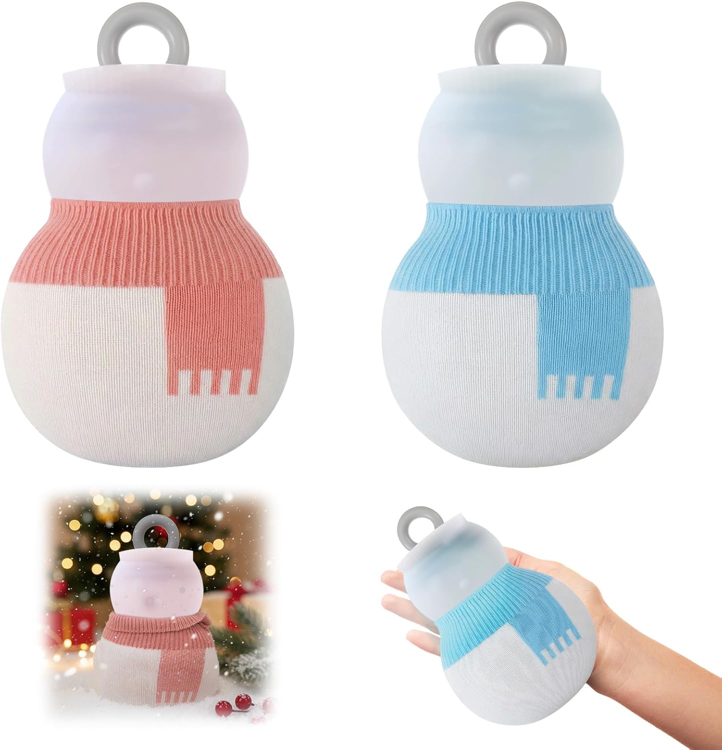 2 Pcs 320 ml Mini Hot Water Bottle with Removable Knitted Cover, Winter Snowman Small Bag Microwave Heating Soft Silicone Leak Proof for Pain Relief Women Valentine's Day Gifts - Image 1