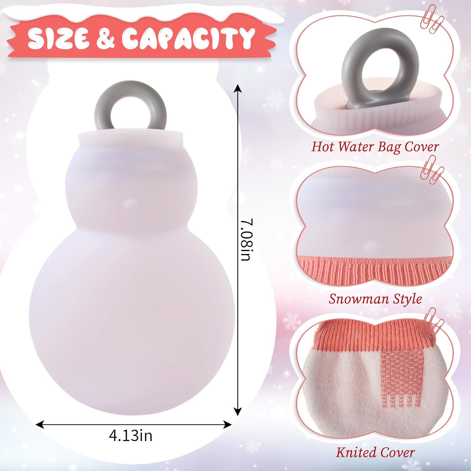 2 Pcs 320 ml Mini Hot Water Bottle with Removable Knitted Cover, Winter Snowman Small Bag Microwave Heating Soft Silicone Leak Proof for Pain Relief Women Valentine's Day Gifts - Image 2
