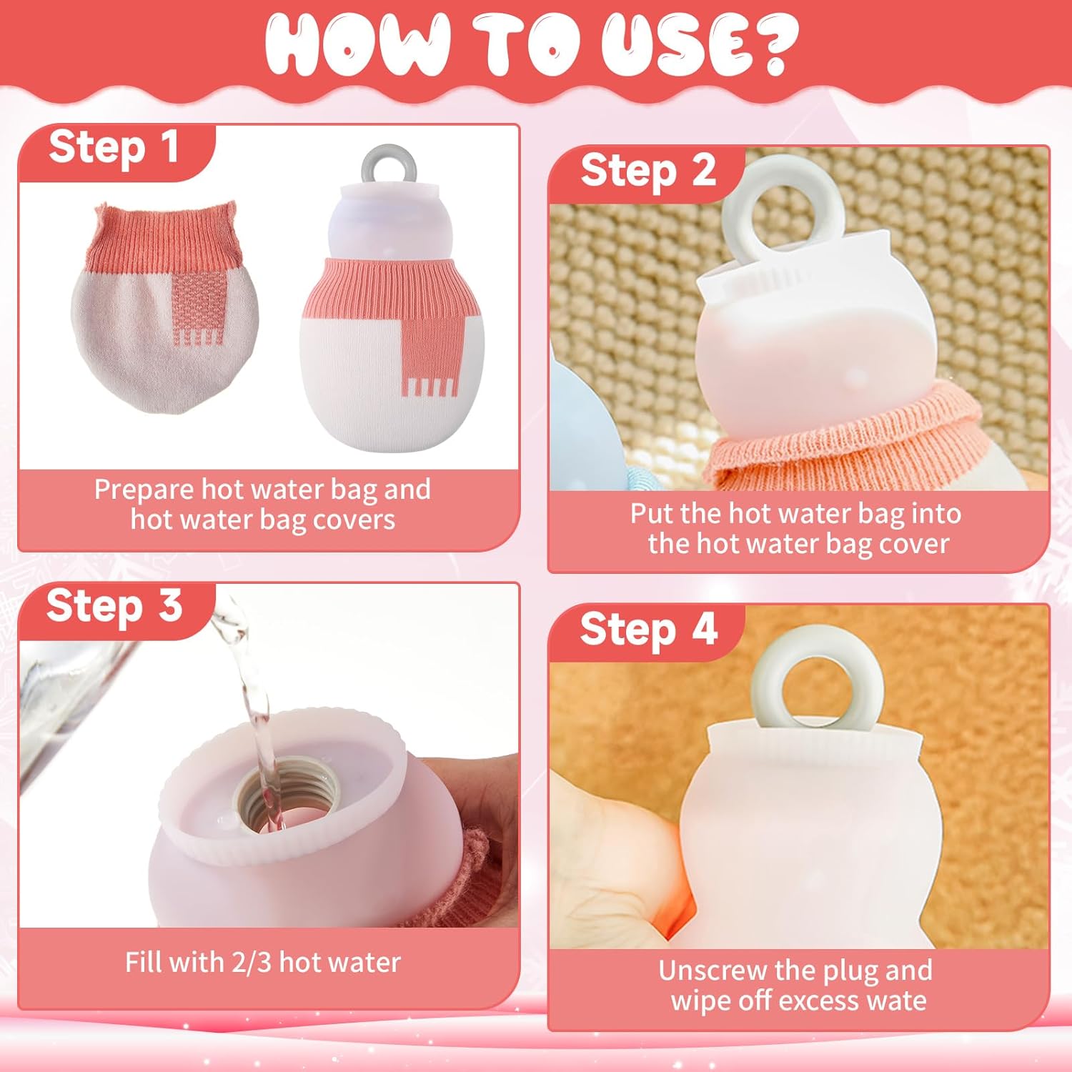 2 Pcs 320 ml Mini Hot Water Bottle with Removable Knitted Cover, Winter Snowman Small Bag Microwave Heating Soft Silicone Leak Proof for Pain Relief Women Valentine's Day Gifts - Image 4