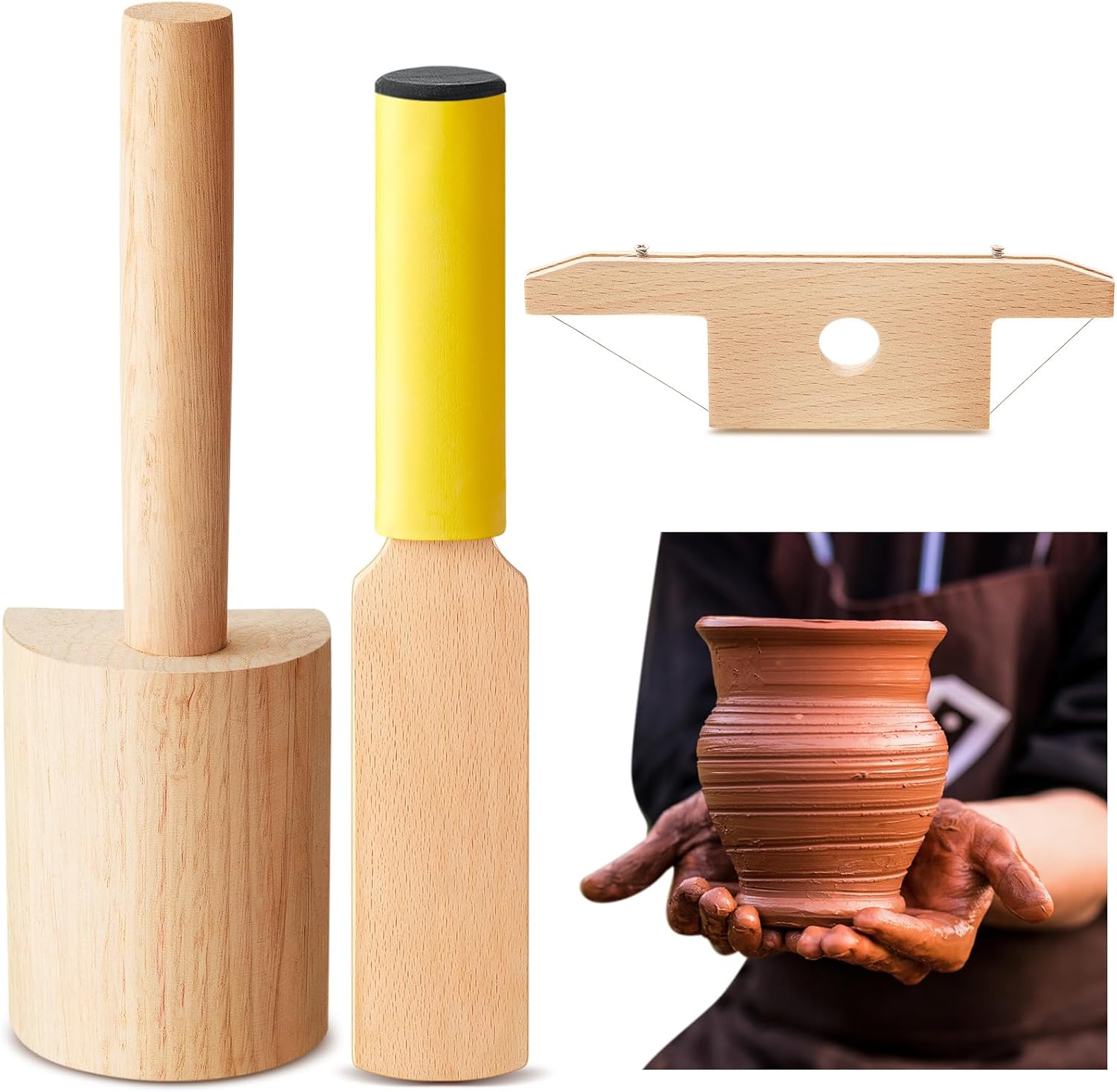 3 Pieces Pottery Clay Tools Set Includes Wooden Paddles Sculpture Pad Bevel Cutter for Angle Cutting Tool Paddle Ceramics Trimming - Image 1