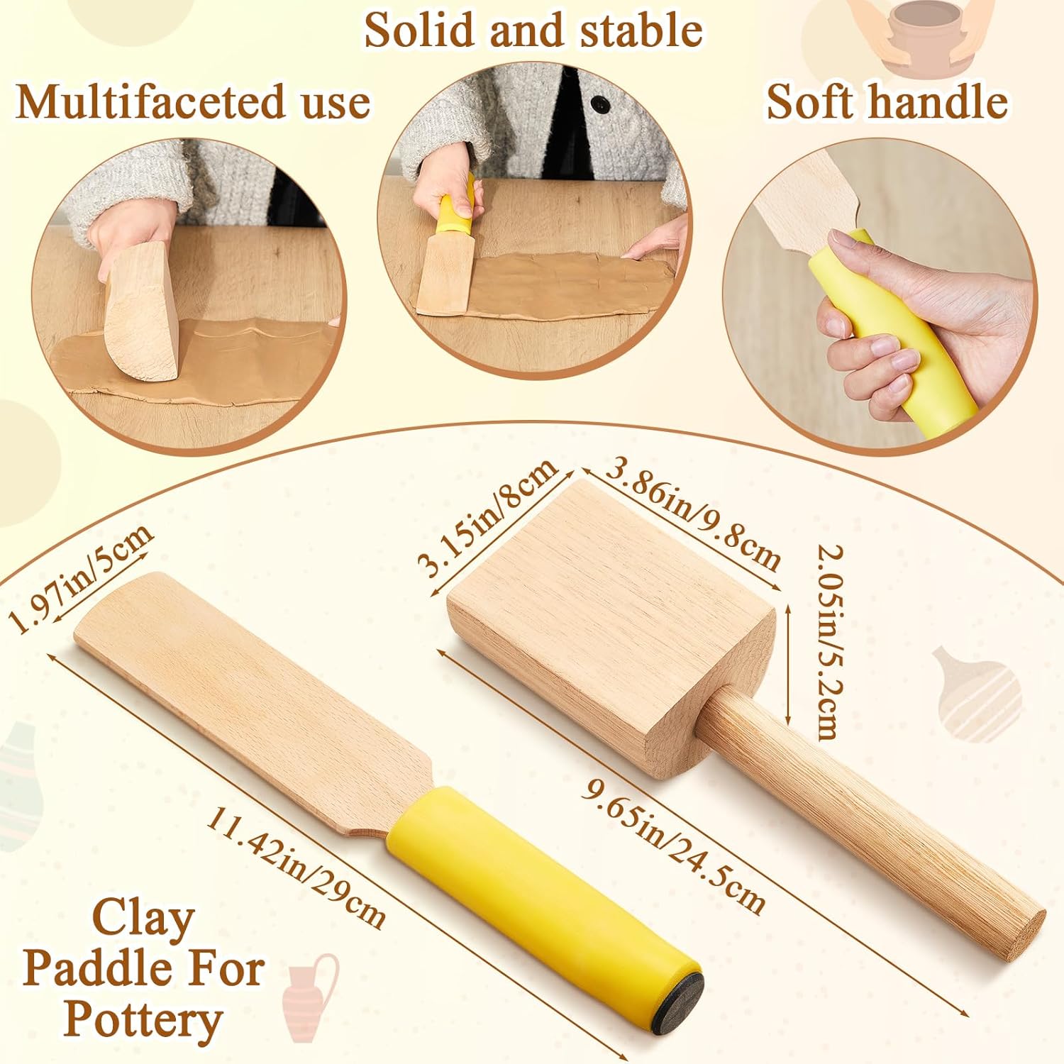 3 Pieces Pottery Clay Tools Set Includes Wooden Paddles Sculpture Pad Bevel Cutter for Angle Cutting Tool Paddle Ceramics Trimming - Image 2