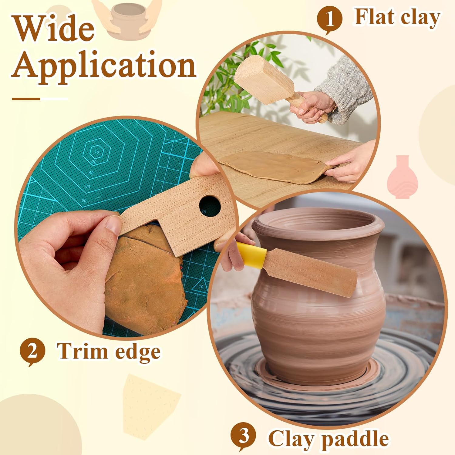 3 Pieces Pottery Clay Tools Set Includes Wooden Paddles Sculpture Pad Bevel Cutter for Angle Cutting Tool Paddle Ceramics Trimming - Image 4