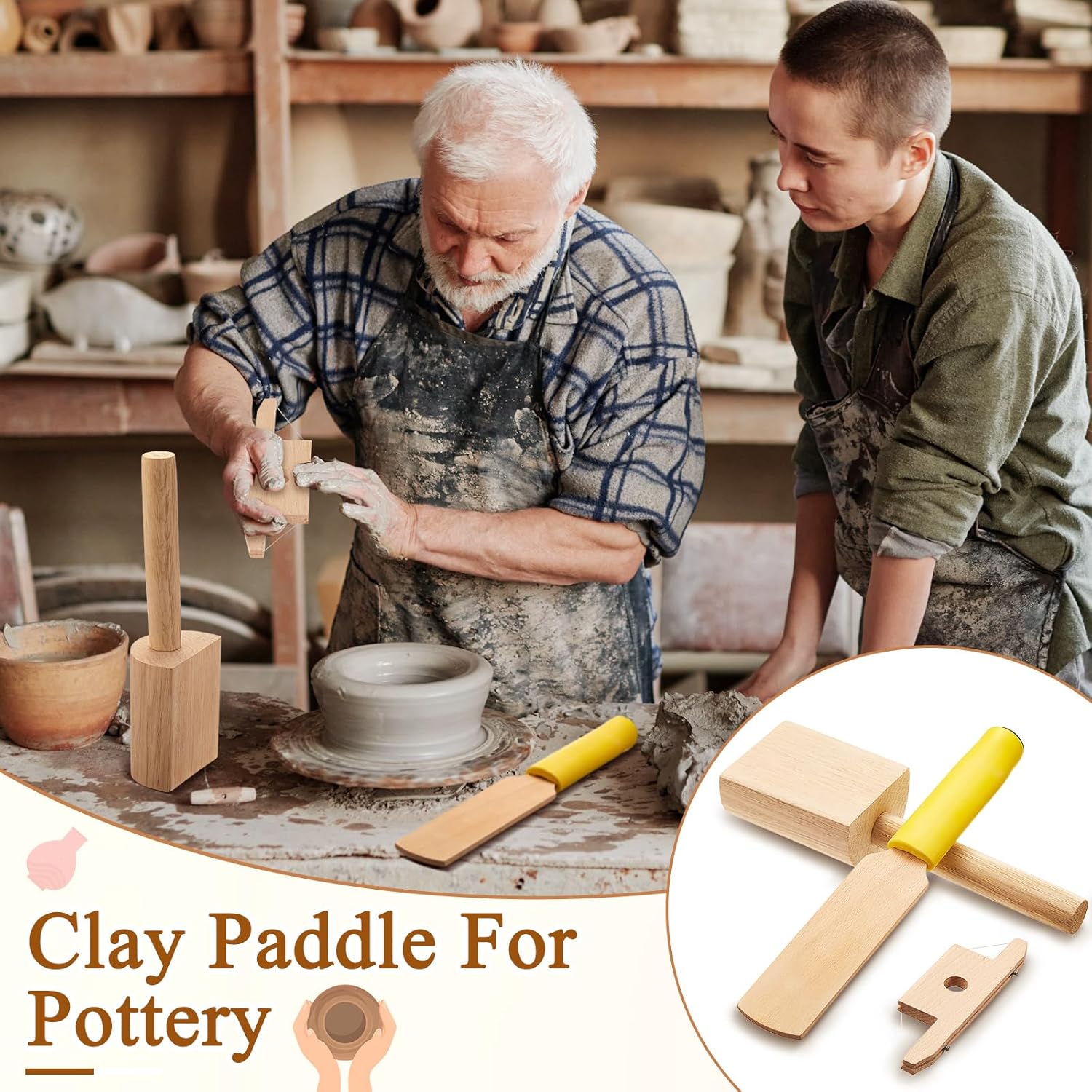 3 Pieces Pottery Clay Tools Set Includes Wooden Paddles Sculpture Pad Bevel Cutter for Angle Cutting Tool Paddle Ceramics Trimming - Image 5