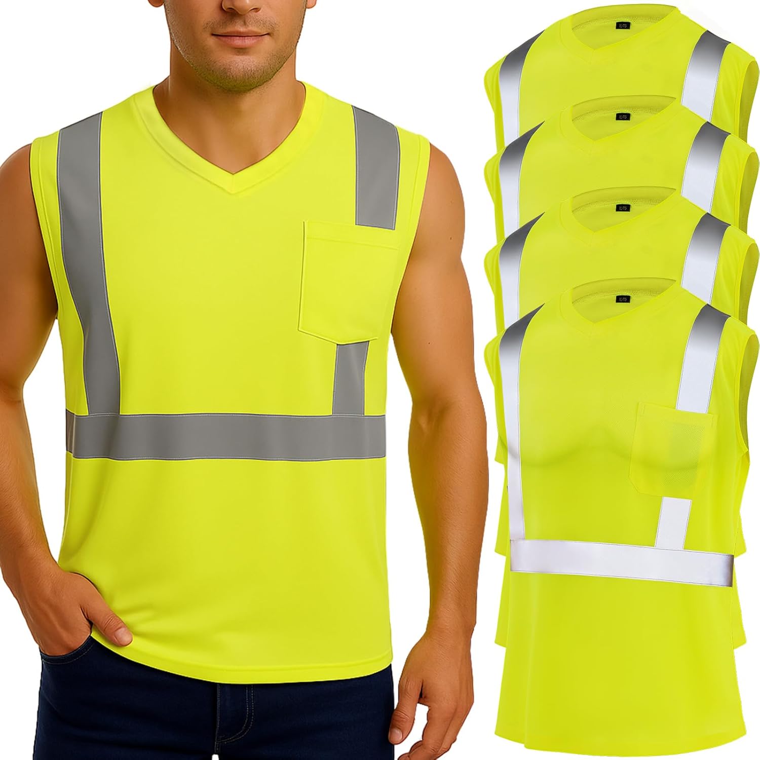 4 Pcs Hi Vis Sleeveless Reflective Shirt for Men Class 2 Construction Work Shirts with Pockets Women Lime 3X-Large - Image 1