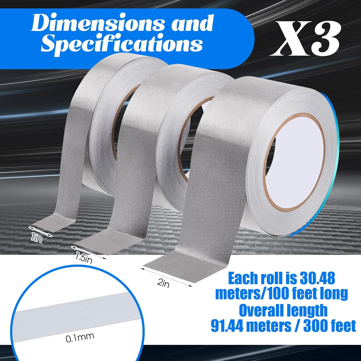 3 Roll Double Conductive Fabric Tape Cloth Adhesive Roll(1in x 100ft, 1.5in 2in 100ft)  1in 100ft - Image 2