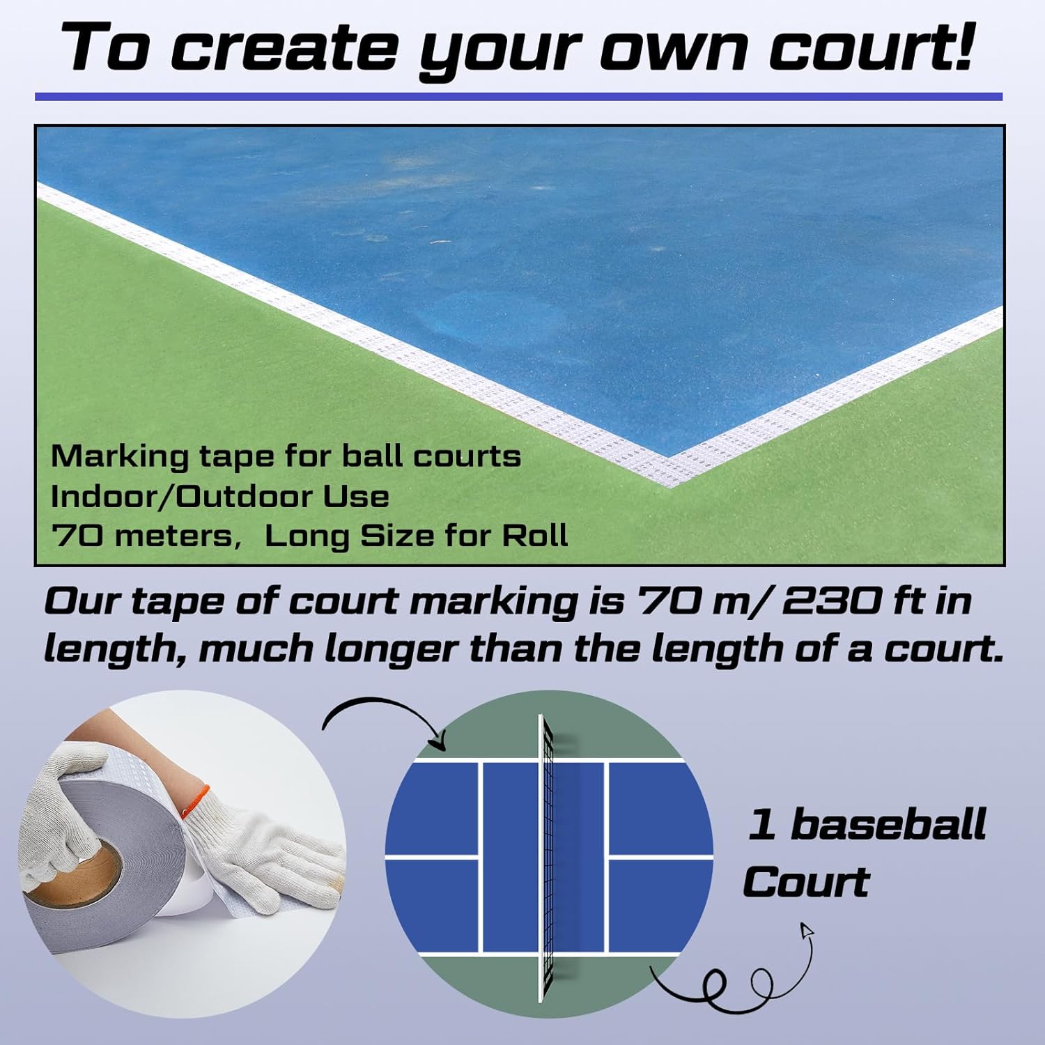 230 Ft Driveway Basketball Tape Outdoor Court Adhesive Marking Lines for Tennis Badminton Parking Floor Pavement Indoor, 2 in Wide (White, PVC) White - Image 5