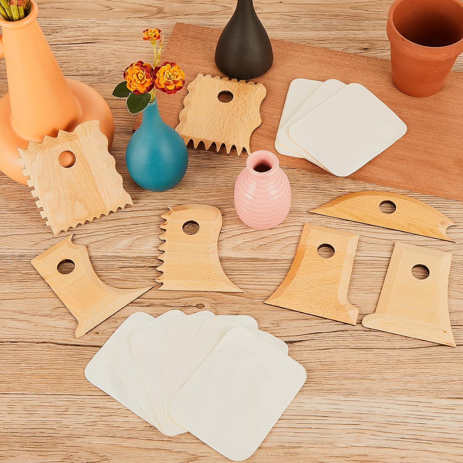 27 Pcs Pottery Trimming Tools Set Ribs Ceramics Foot Shaper with 20 Pre-Cut Chamois Cloth Wood Rib for Carving Clay Molds Texture Supplies - Image 7