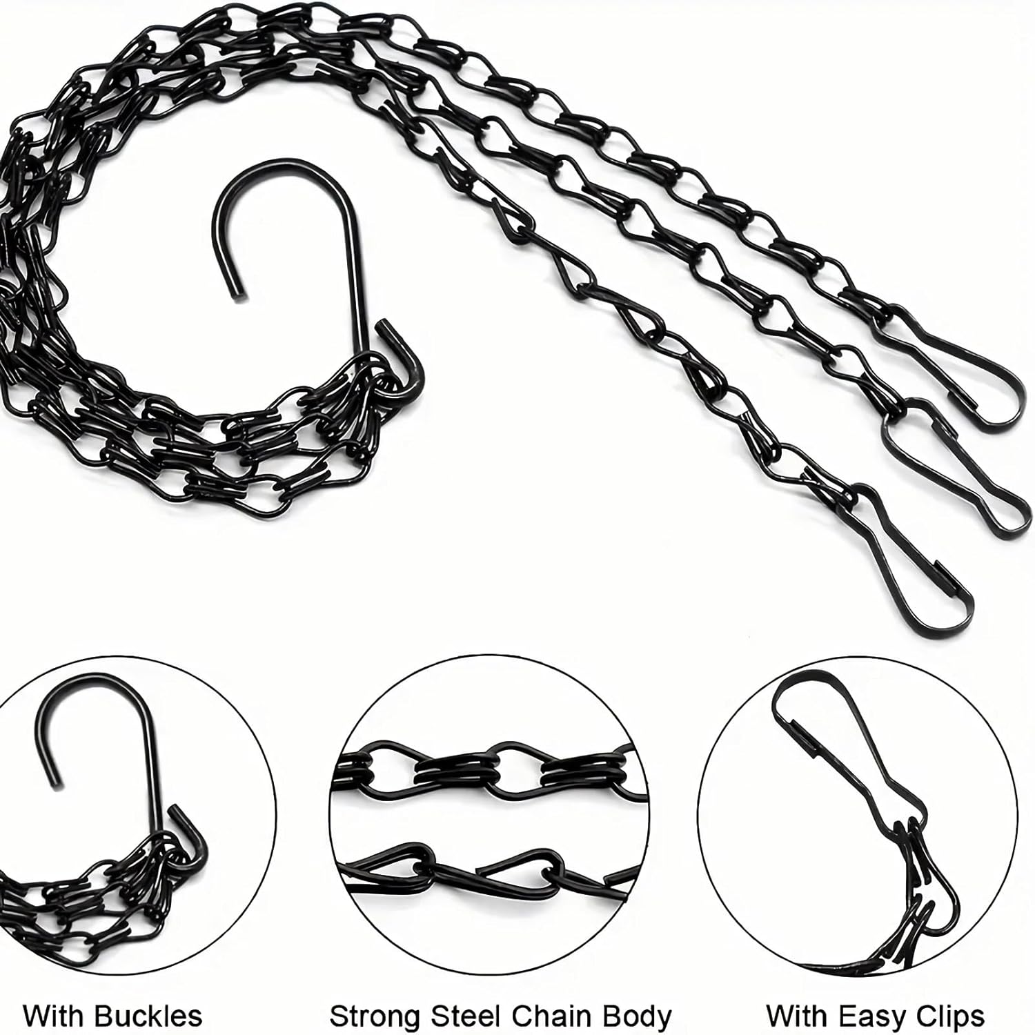 Hanging Basket Chain, 3 Sets Plant Hanger Metal Chains with Clips for Flower Pots, Planters, Bird Cage, Lanterns(Black) (Clips) - Image 2