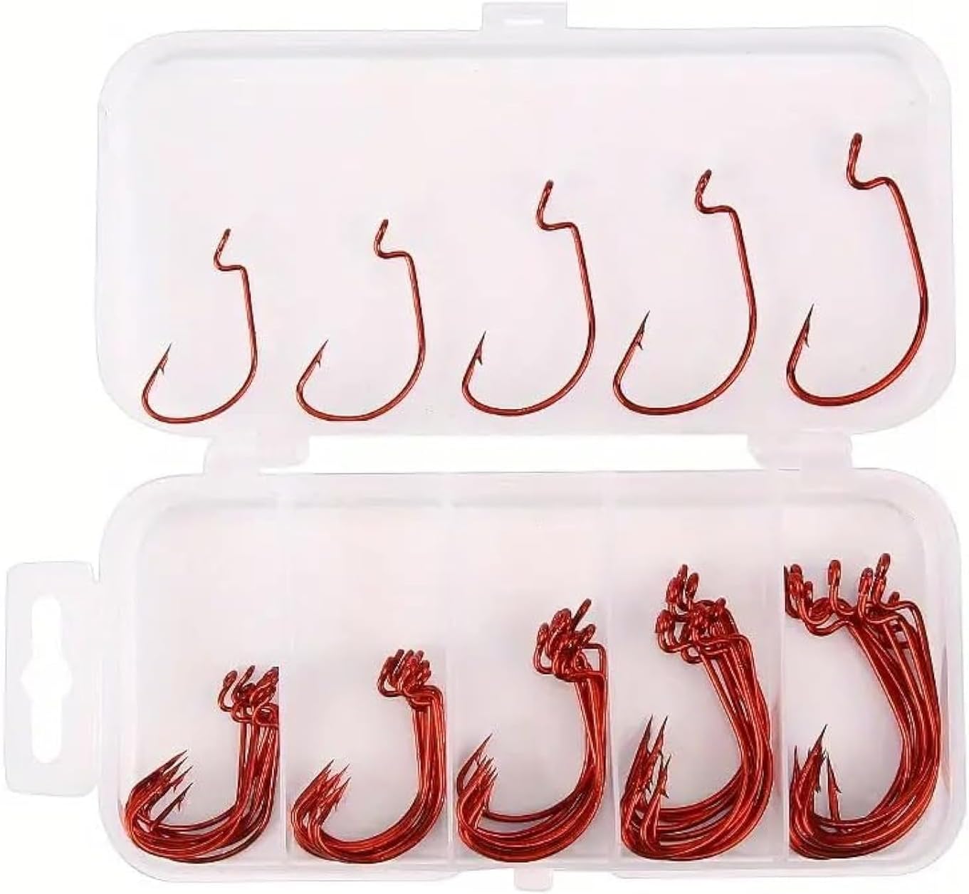 50Pcs Premium Fishing Hooks Set - High Carbon Steel, Ultra Sharp, All-in-One Box for Bass Trout Freshwater Saltwater（Red - Image 1