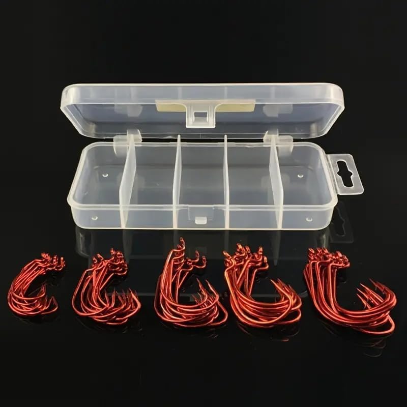 50Pcs Premium Fishing Hooks Set - High Carbon Steel, Ultra Sharp, All-in-One Box for Bass Trout Freshwater Saltwater（Red - Image 3