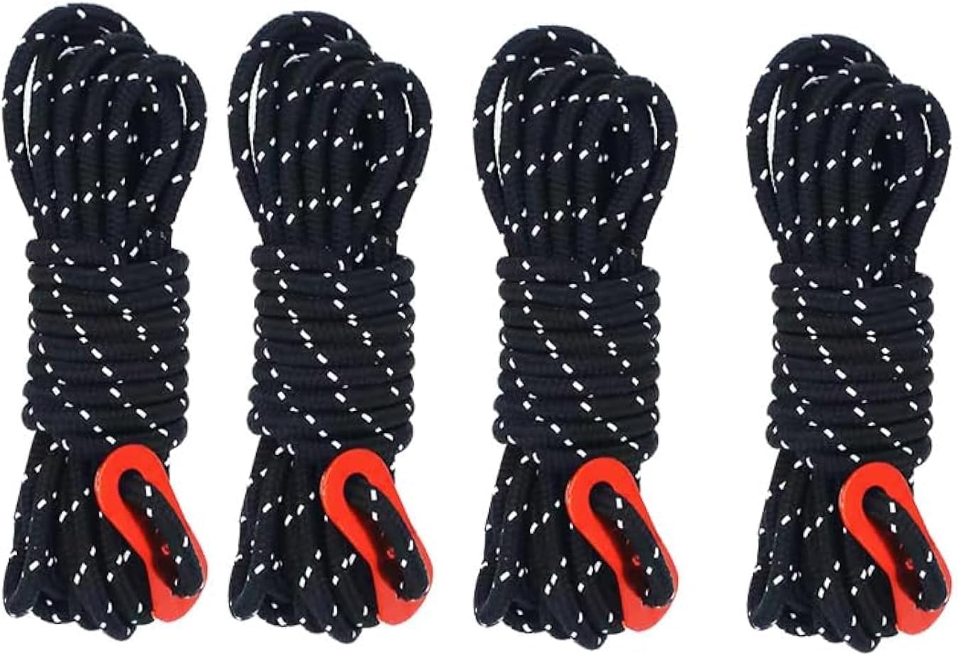4Pack Duty Camping Rope - 4mm Outdoor Reflective Guy Lines with Tensioner Adjuster Strong Nylon Cord for Tent Tarp, Canopy Shelter, Camping, Hiking, Backpacking Black - Image 1