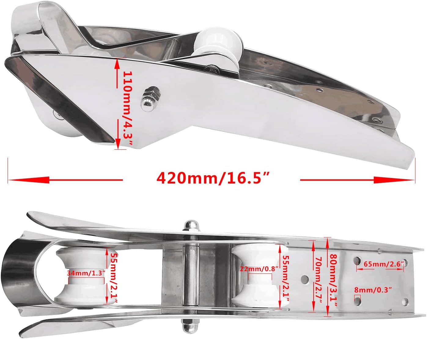 AISI 316 Stainless Steel Hinged Self-Launching Bow Anchor Roller with pivoting Dual-Roller 16.5'' for Marine Yacht Docking Accessories - Image 3