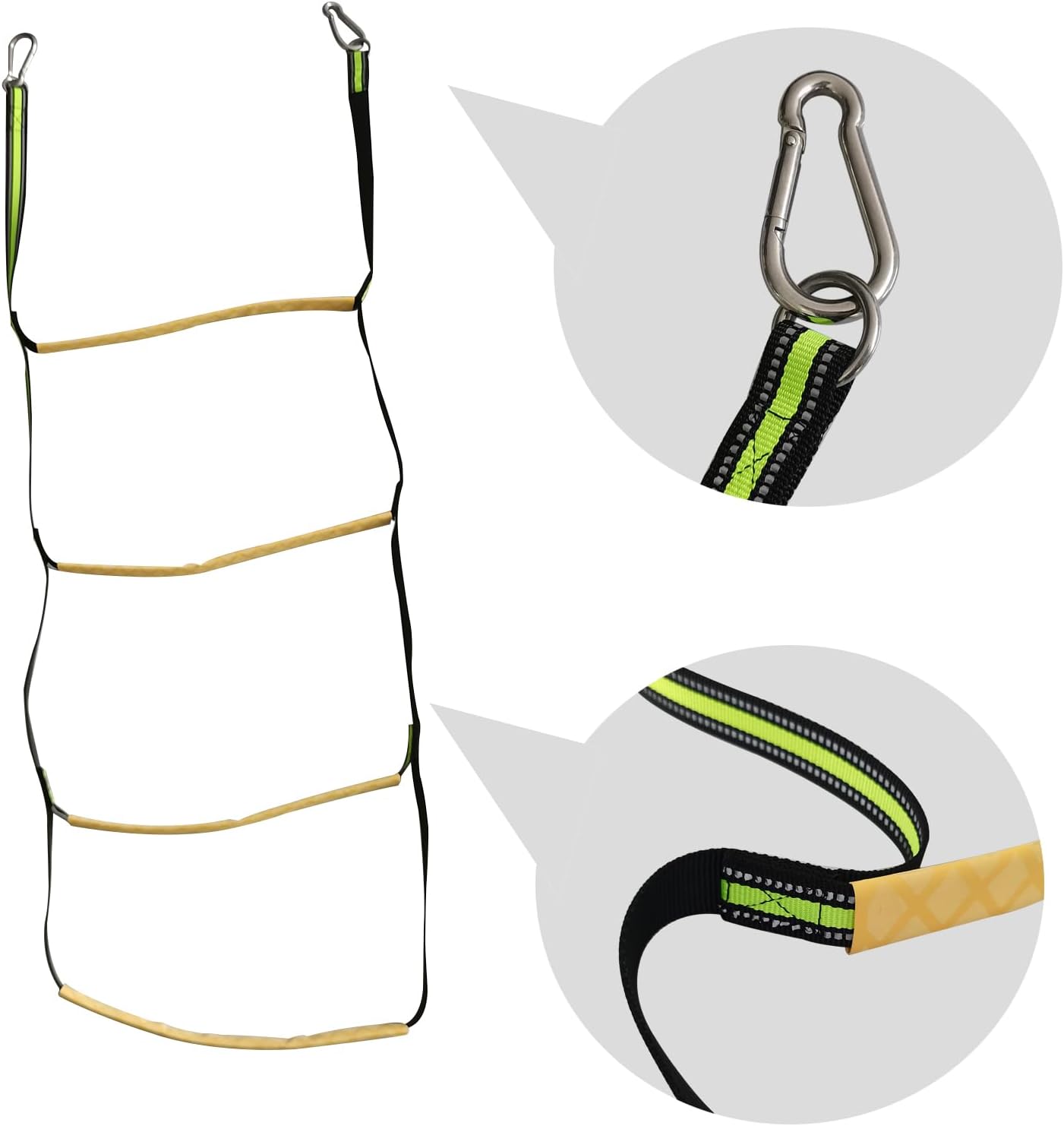 4 Step Boat Rope Ladder, Green and Yellow, Nylon Stainless Steel, 400 lb Load Capacity - Image 1