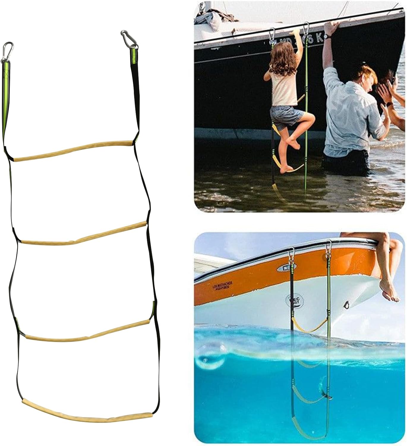 4 Step Boat Rope Ladder, Green and Yellow, Nylon Stainless Steel, 400 lb Load Capacity - Image 6