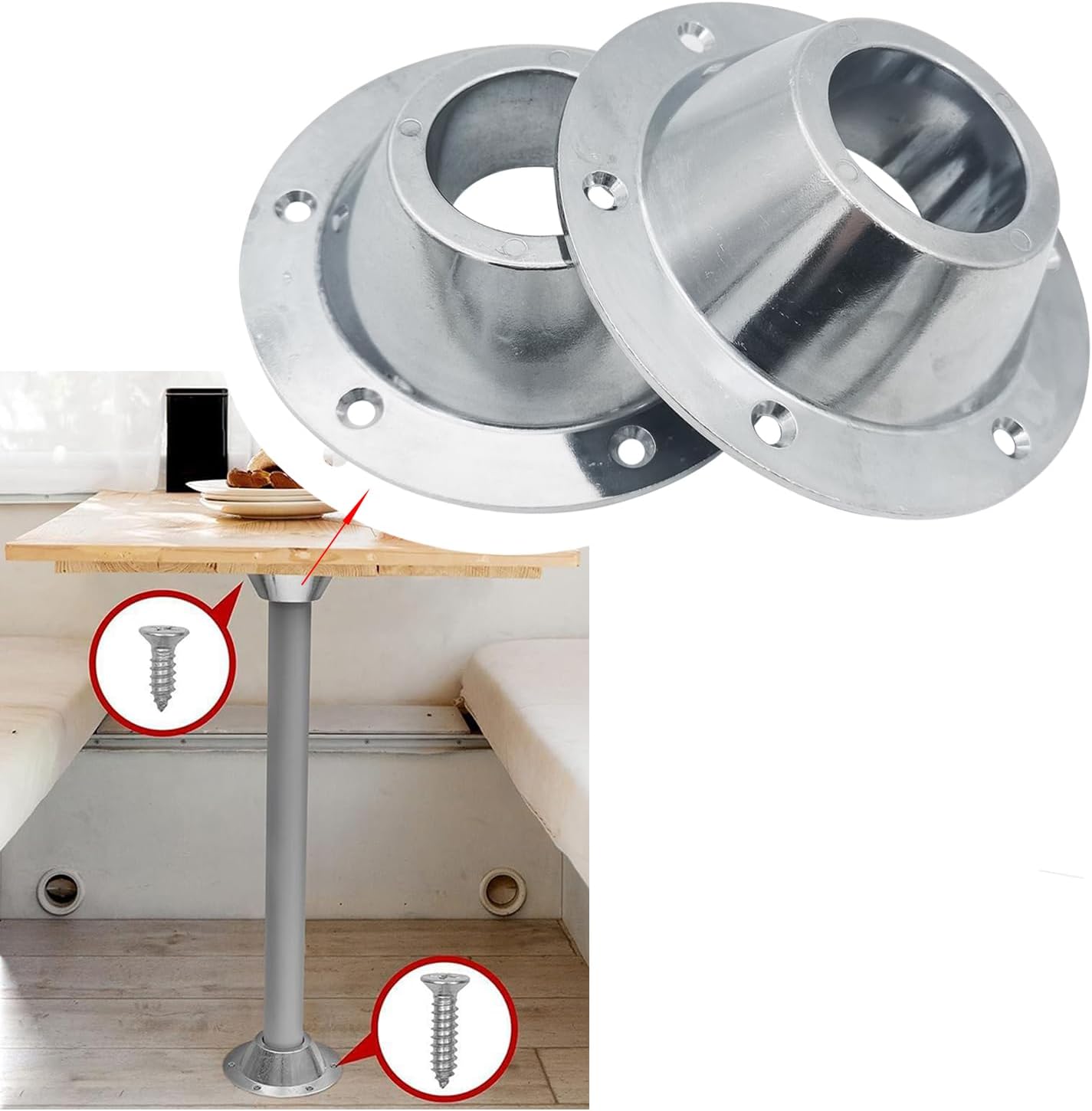 2 Pack Sliver Aluminum RV Table and Floor Mounting Base,RV Pedestal Base Flange, 6 Holes with Screws for Camper Trailer - Image 5