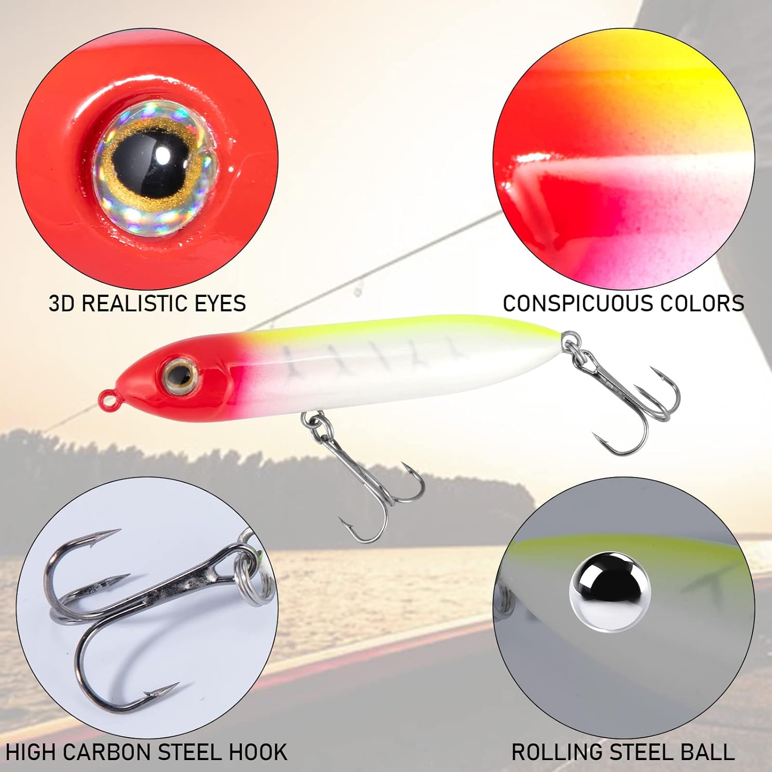Top Water Fishing Lures Kit for Saltwater and Freshwater, Bass Treble Hooks Hard Baits, Walk-The-Dog Lure Set Pike, Striper, Speckled Trout - Image 3