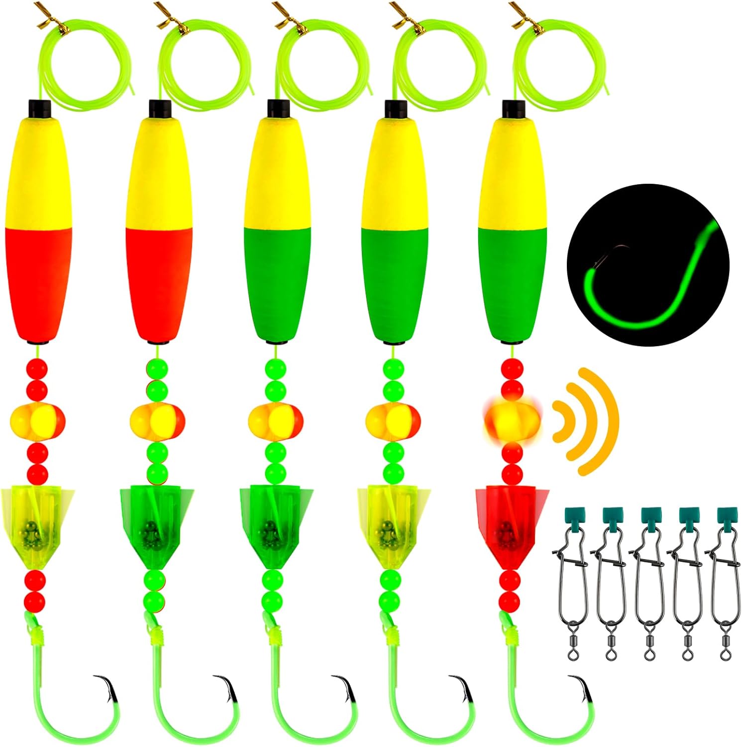 5-Pack Catfish Bait Float Rigs Kit, Ready Cat Fish Rig with Rattles Peg Floats Beads Circle Hooks 6/0 8/0 10/0, Catfishing Tackle Equipment Rattle Floater Bobbers Fishing Gear  Hook - 30LB Line - Image 1