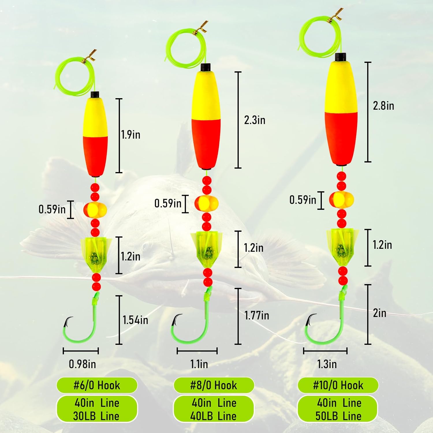 5-Pack Catfish Bait Float Rigs Kit, Ready Cat Fish Rig with Rattles Peg Floats Beads Circle Hooks 6/0 8/0 10/0, Catfishing Tackle Equipment Rattle Floater Bobbers Fishing Gear  Hook - 30LB Line - Image 2
