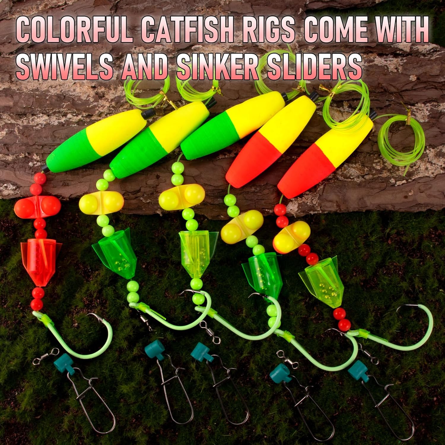 5-Pack Catfish Bait Float Rigs Kit, Ready Cat Fish Rig with Rattles Peg Floats Beads Circle Hooks 6/0 8/0 10/0, Catfishing Tackle Equipment Rattle Floater Bobbers Fishing Gear  Hook - 30LB Line - Image 3
