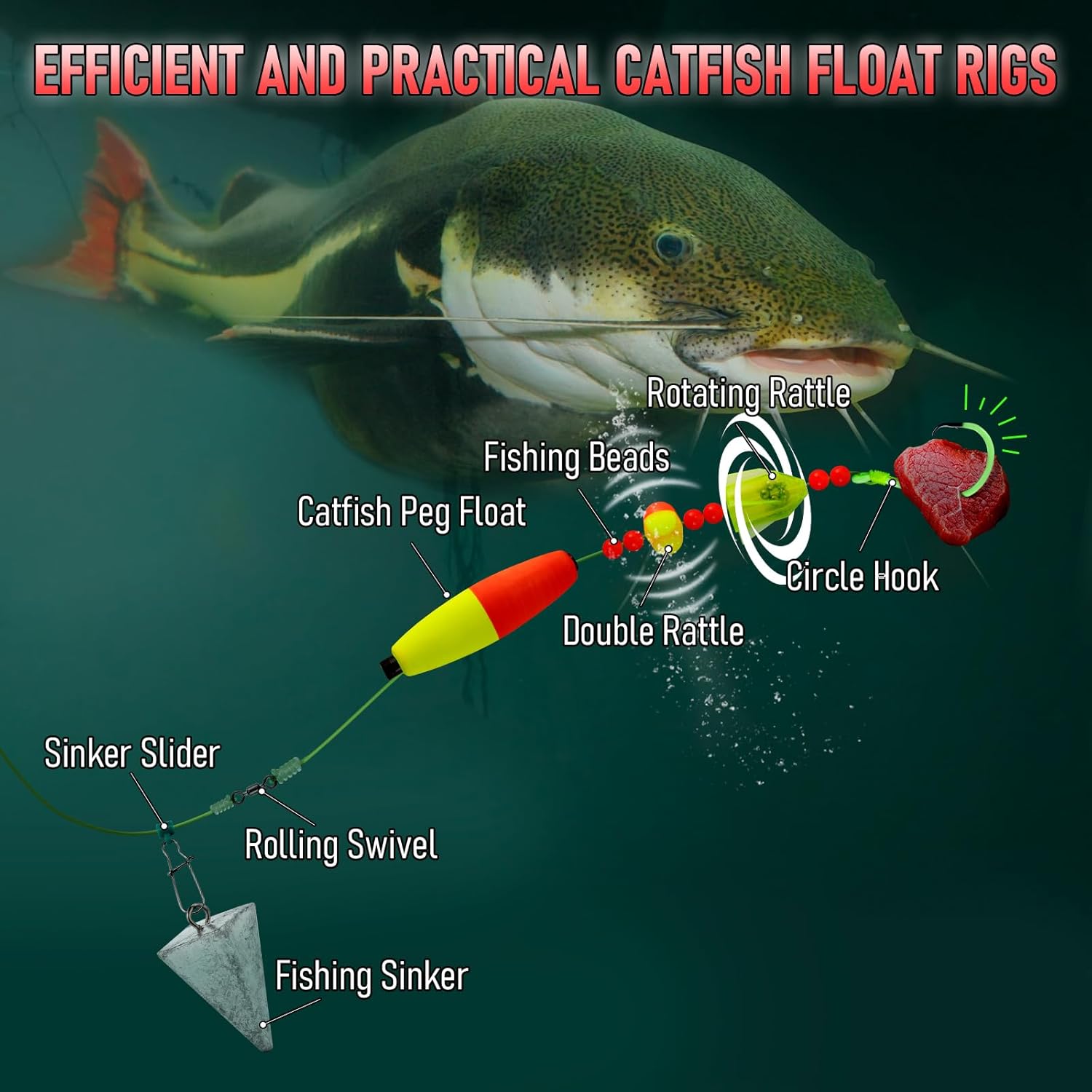 5-Pack Catfish Bait Float Rigs Kit, Ready Cat Fish Rig with Rattles Peg Floats Beads Circle Hooks 6/0 8/0 10/0, Catfishing Tackle Equipment Rattle Floater Bobbers Fishing Gear  Hook - 30LB Line - Image 6